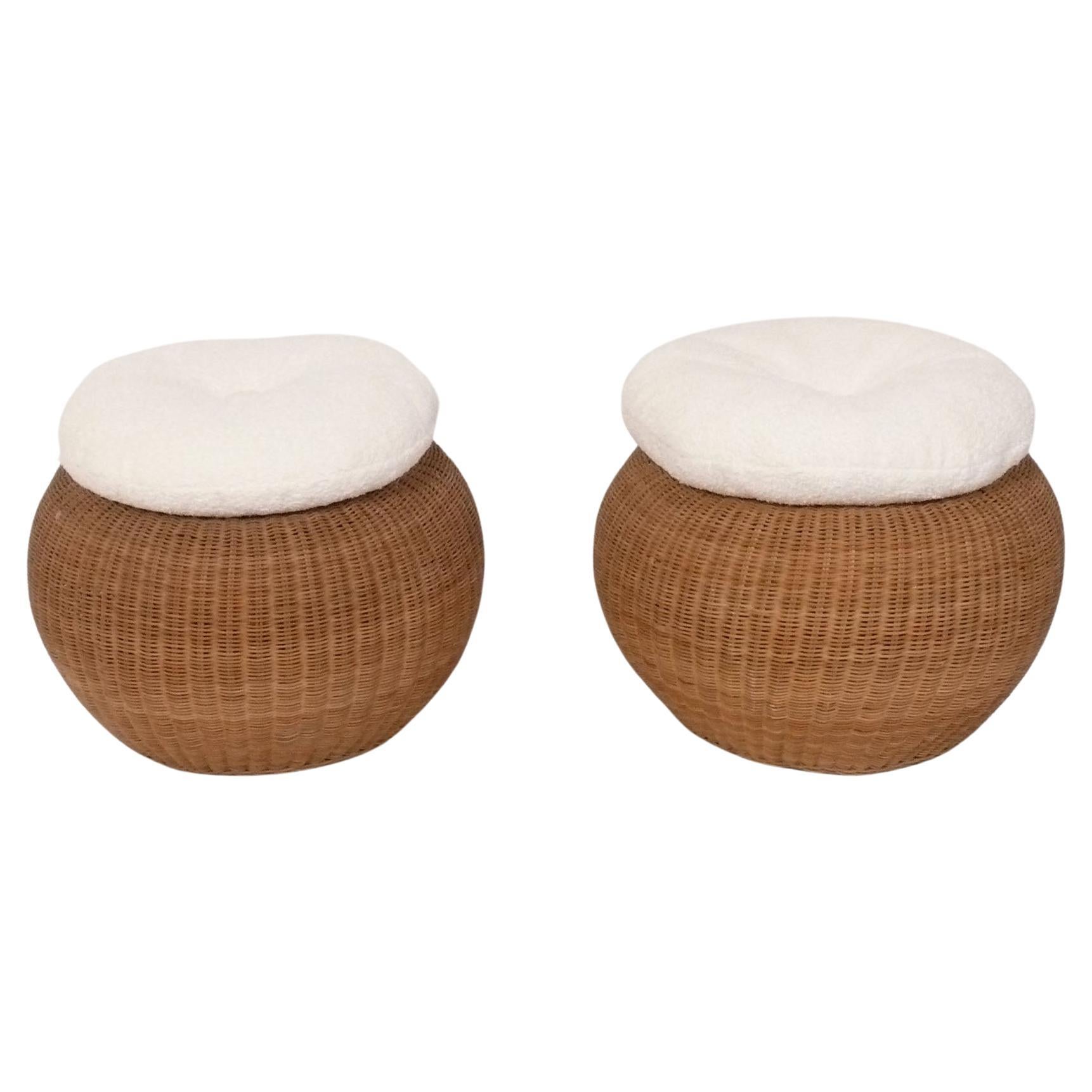 Pair of Woven Wicker Stools attributed to Isamu Kenmochi New Bouce Cushions For Sale