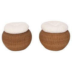 Pair of Woven Wicker Stools attributed to Isamu Kenmochi New Bouce Cushions