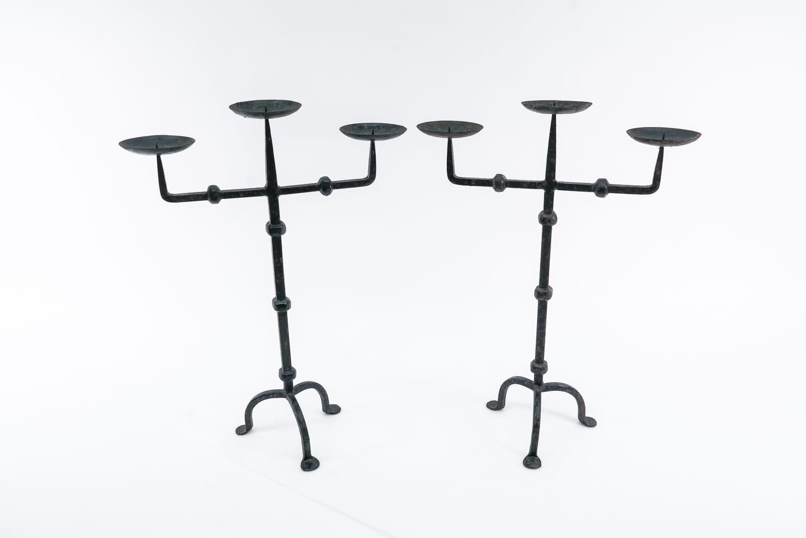 French Pair of Wrought Brutalist Candleholders, 1930s/40s, France For Sale