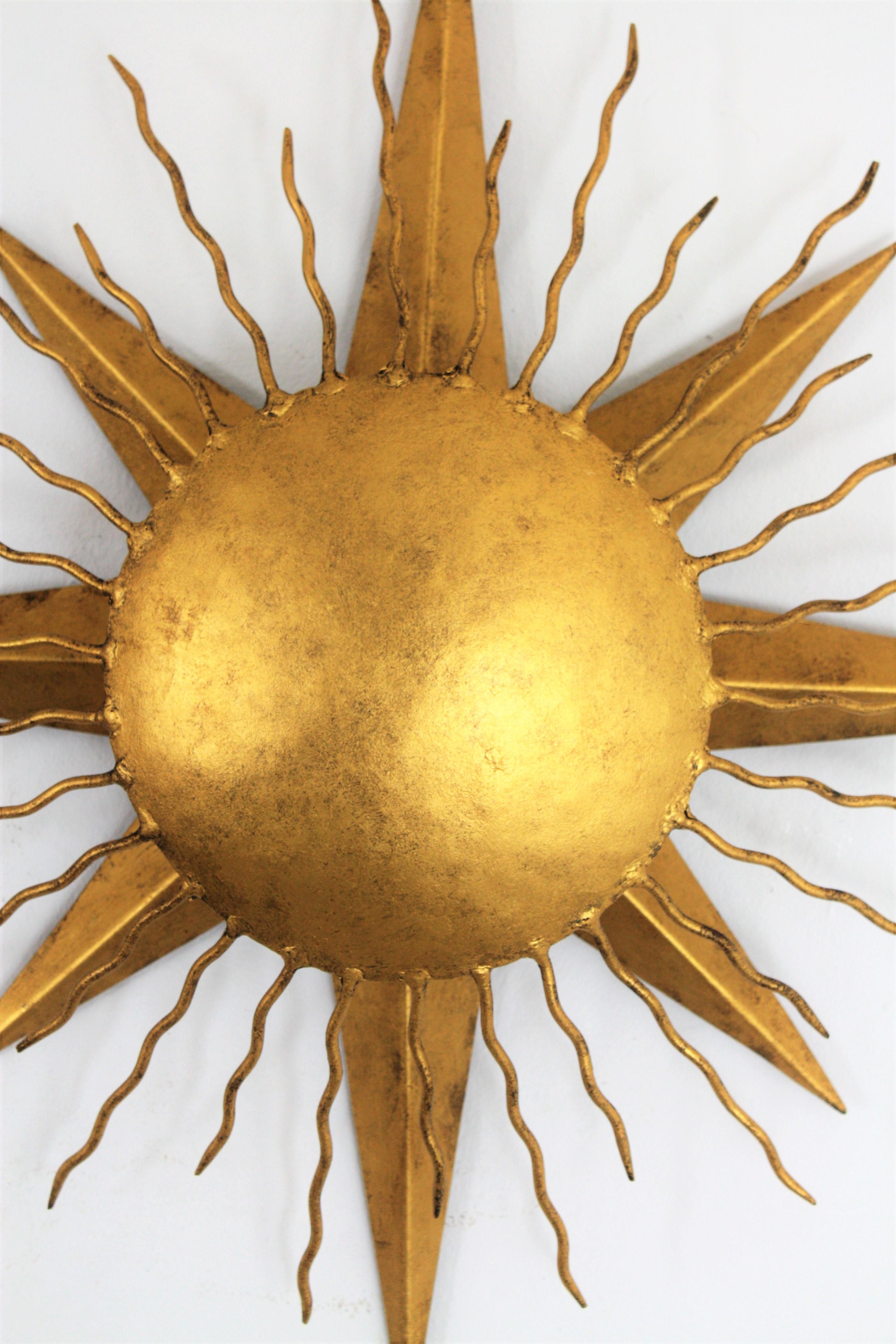 Pair of Wrought Gilt Iron Starburst Sunburst Wall Light Fixtures, Spain 1950s 3