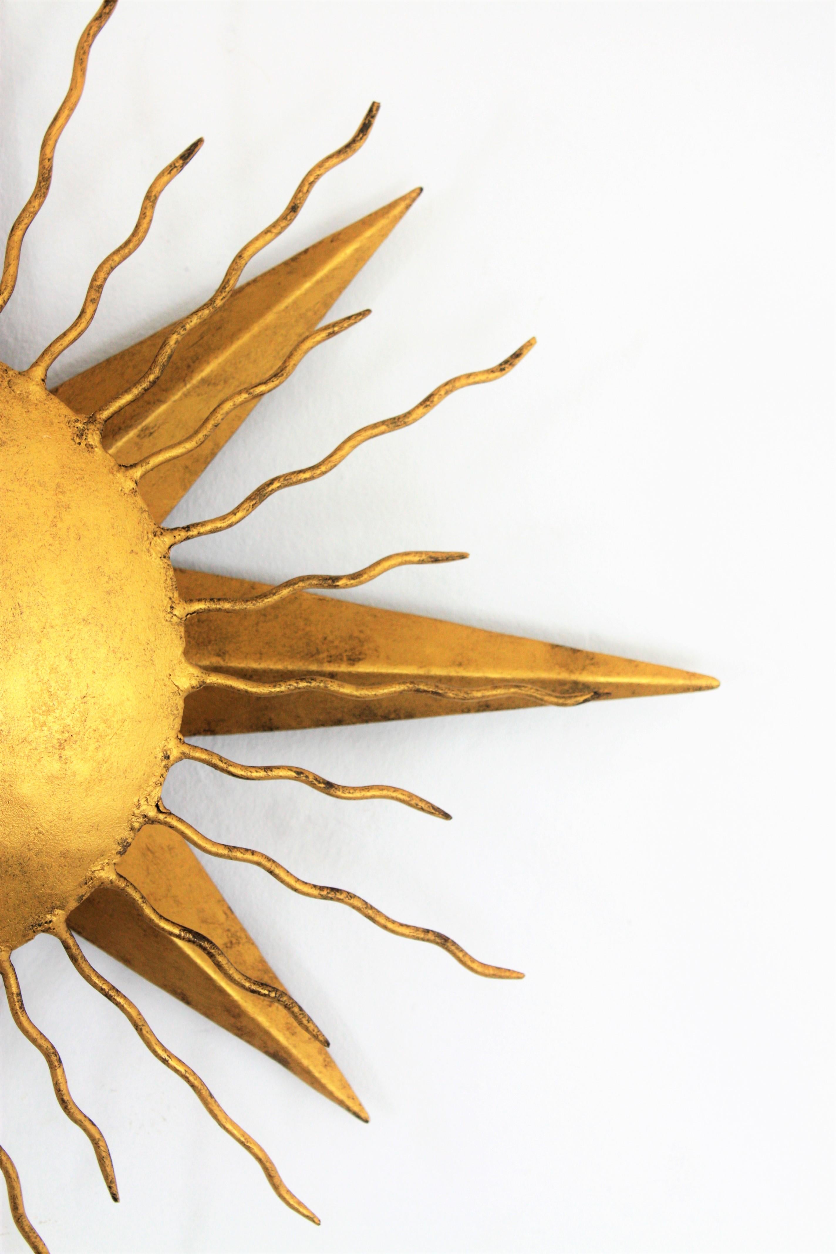 Pair of Wrought Gilt Iron Starburst Sunburst Wall Light Fixtures, Spain 1950s 4