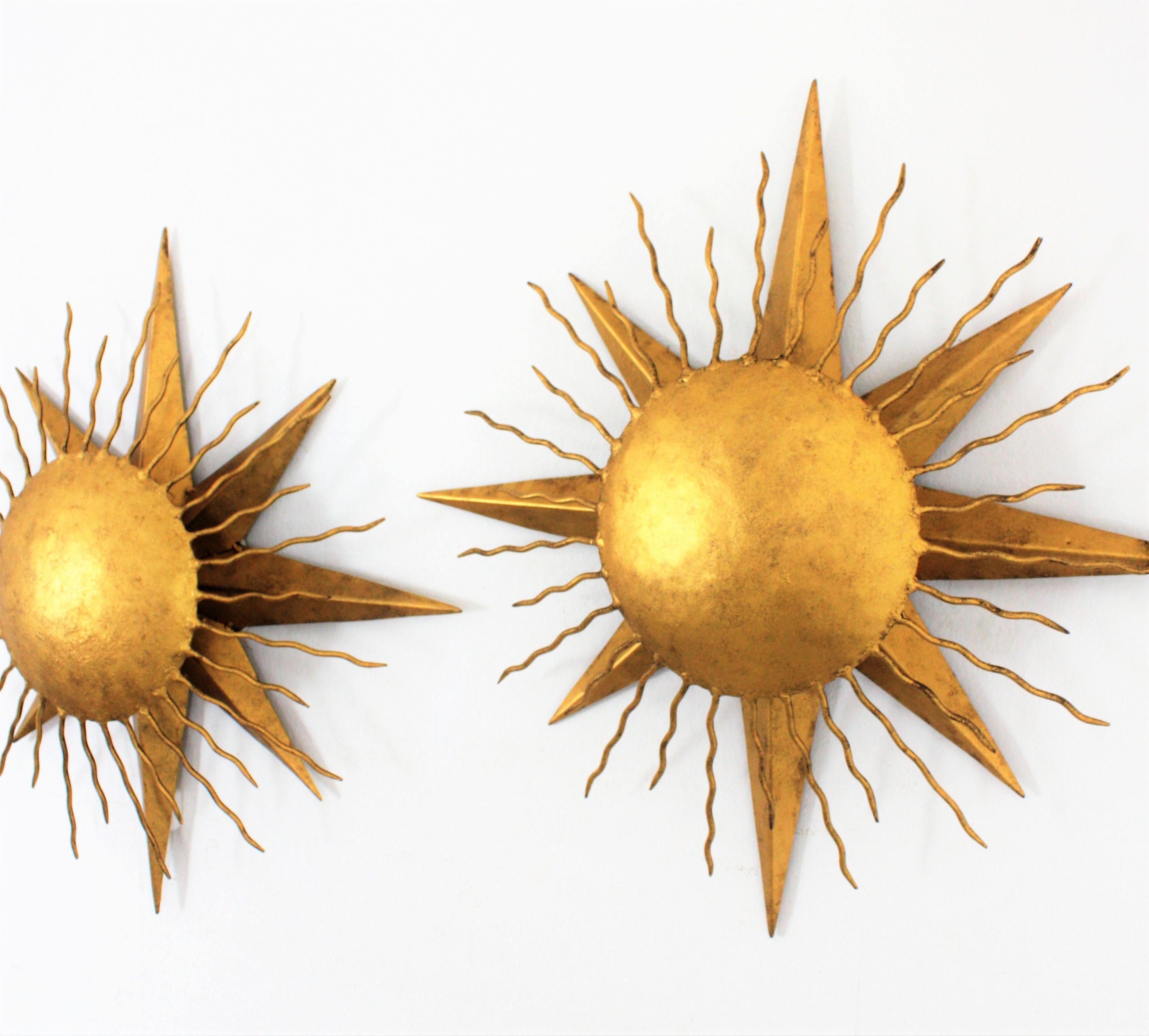 Pair of Wrought Gilt Iron Starburst Sunburst Wall Light Fixtures, Spain 1950s 5