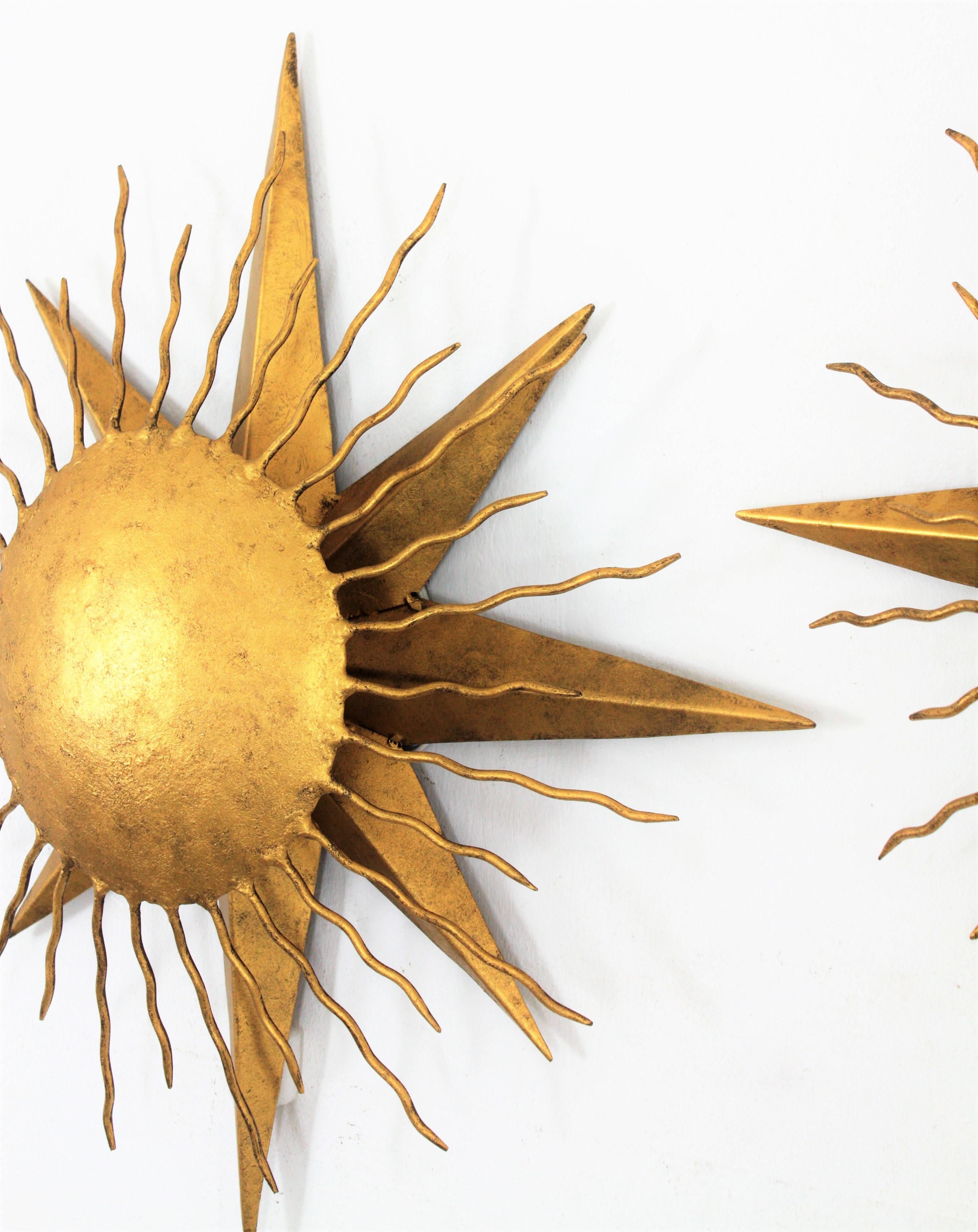 Pair of Wrought Gilt Iron Starburst Sunburst Wall Light Fixtures, Spain 1950s 6