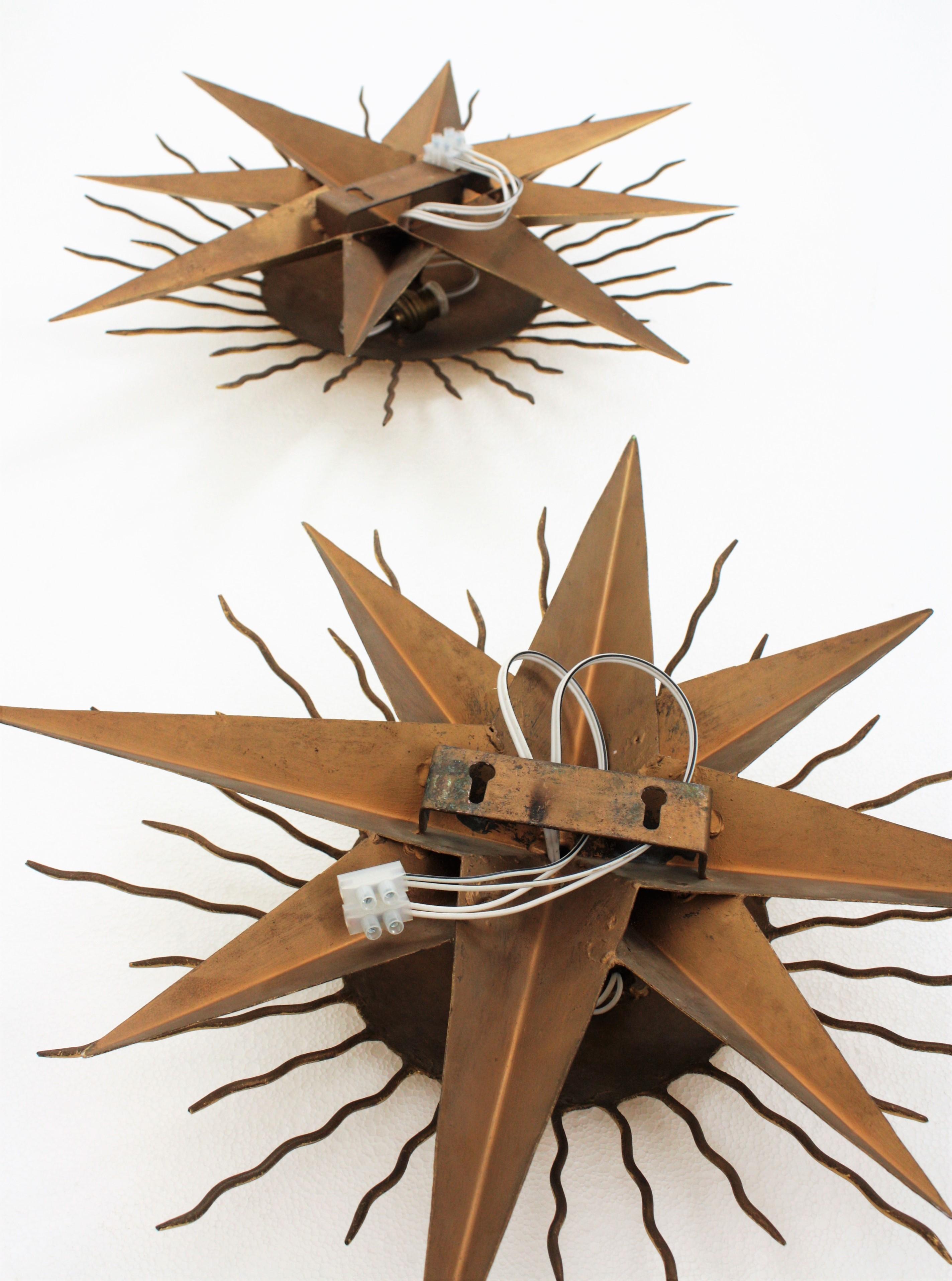 Pair of Wrought Gilt Iron Starburst Sunburst Wall Light Fixtures, Spain 1950s 7