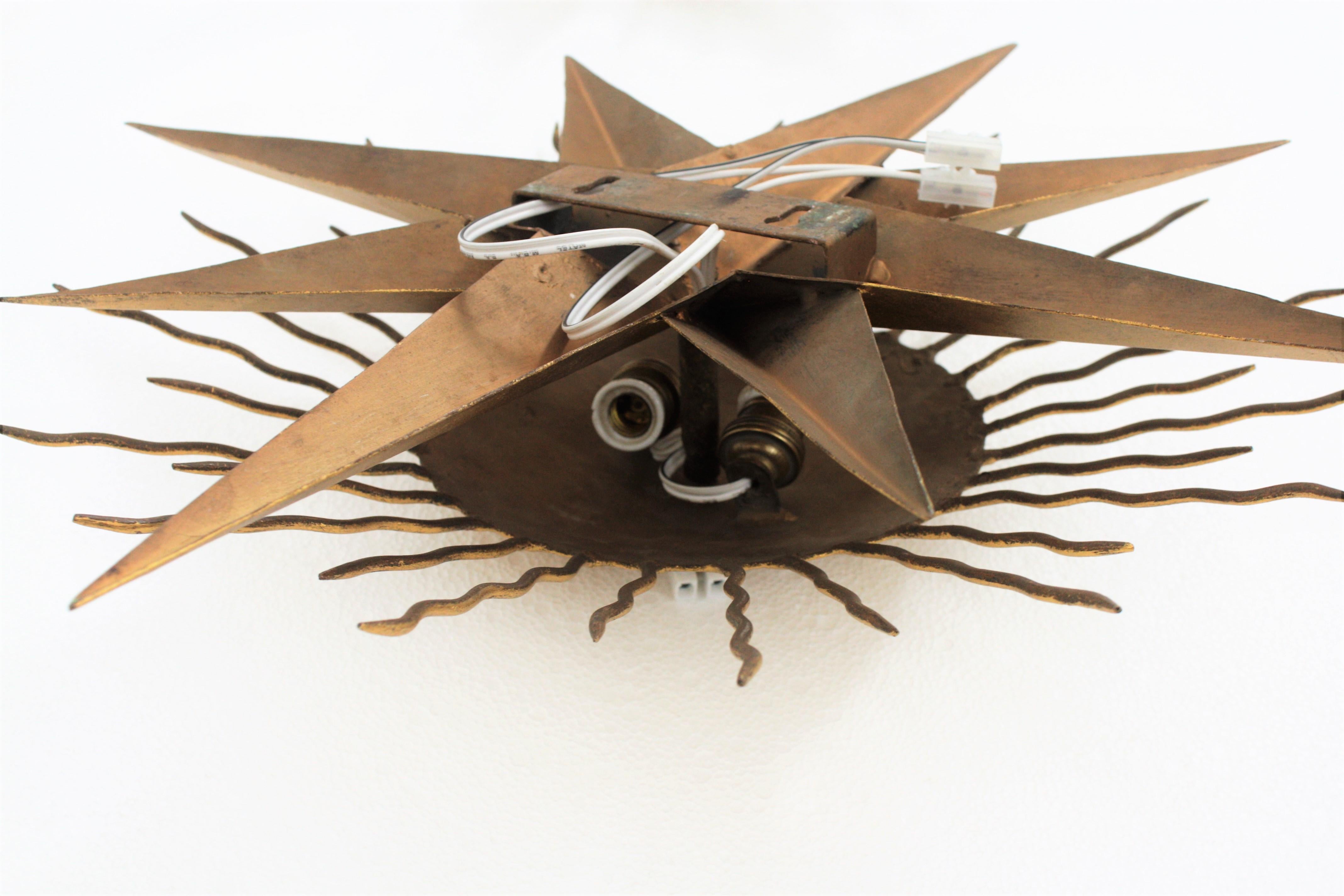 Pair of Wrought Gilt Iron Starburst Sunburst Wall Light Fixtures, Spain 1950s 8