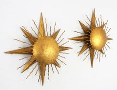 Pair of Wrought Gilt Iron Starburst Sunburst Wall Light Fixtures, Spain 1950s