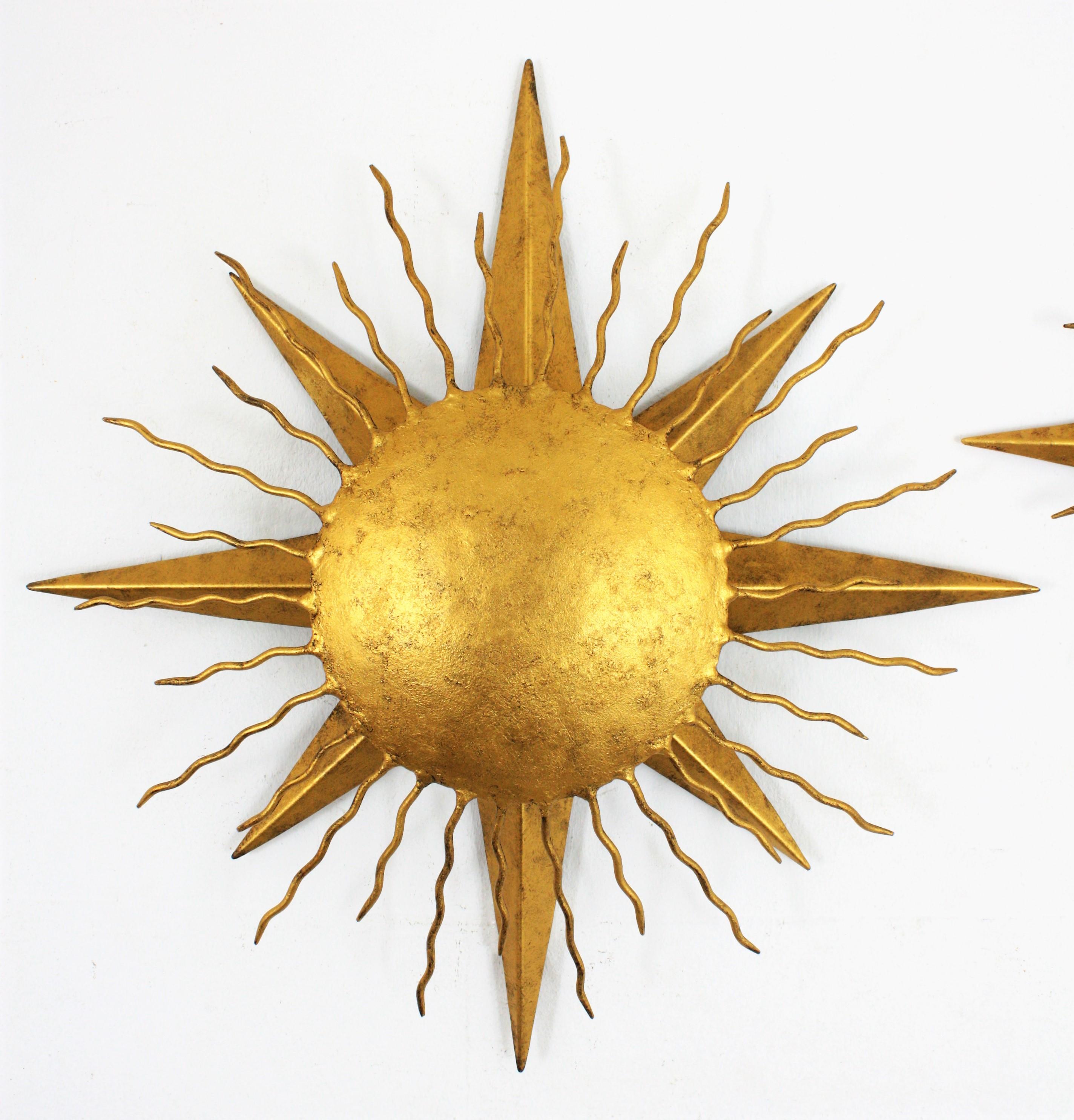 Brutalist Pair of Wrought Gilt Iron Starburst Sunburst Wall Light Fixtures, Spain 1950s
