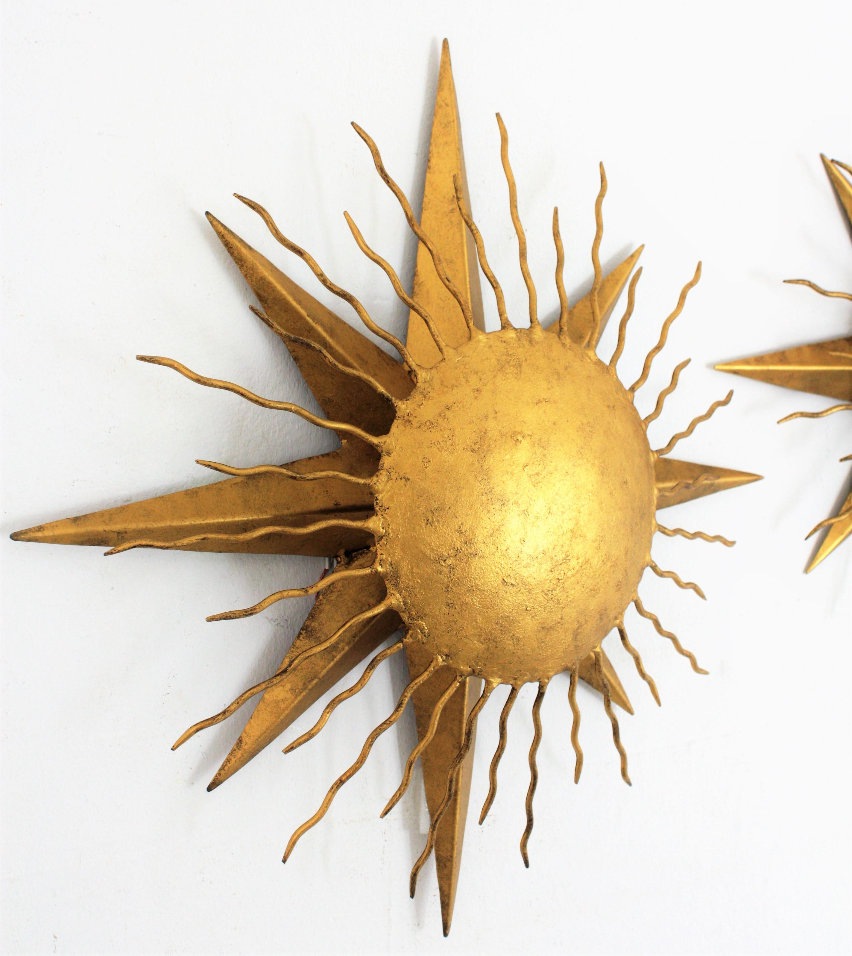 20th Century Pair of Wrought Gilt Iron Starburst Sunburst Wall Light Fixtures, Spain 1950s