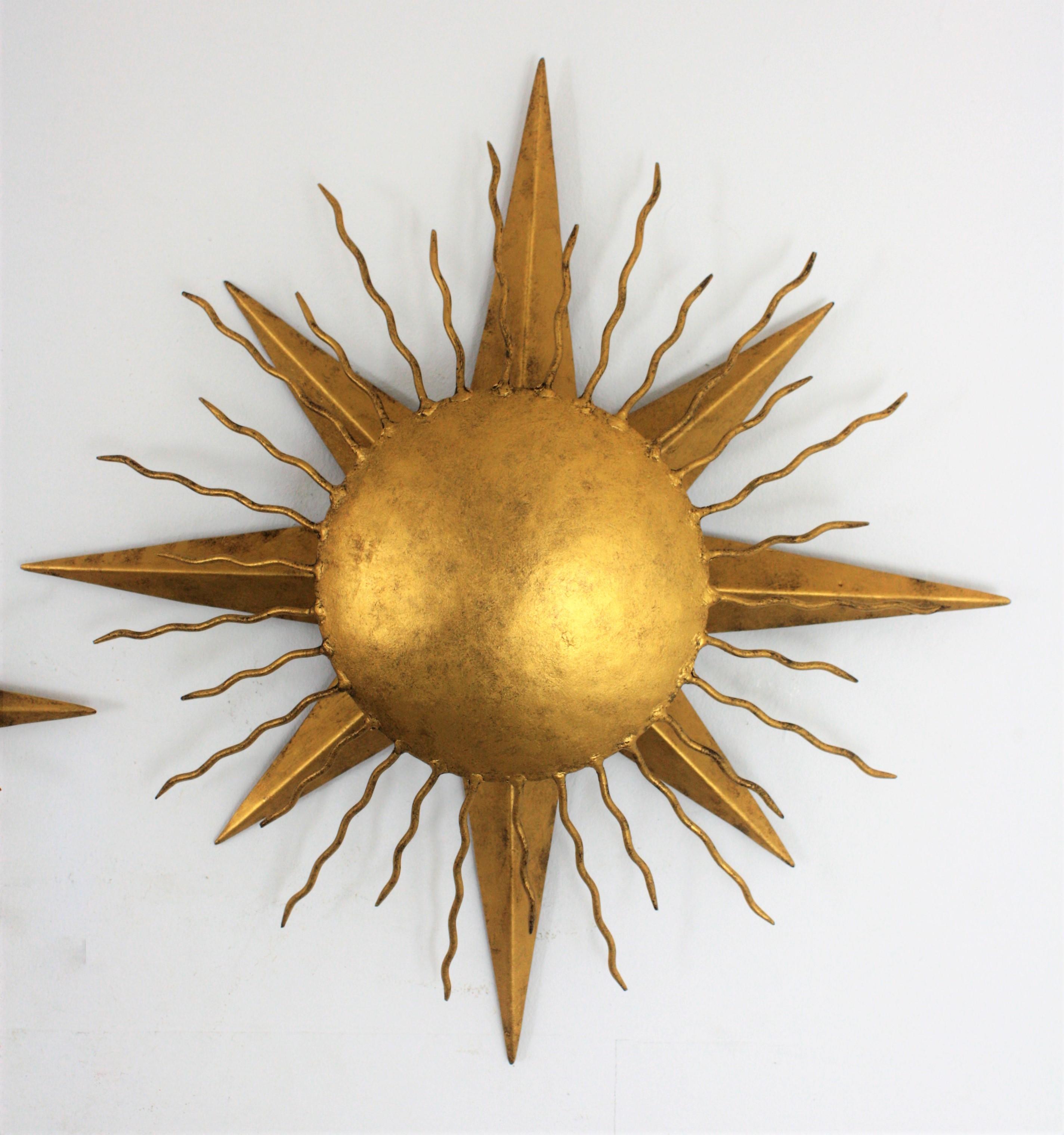 Pair of Wrought Gilt Iron Starburst Sunburst Wall Light Fixtures, Spain 1950s 1