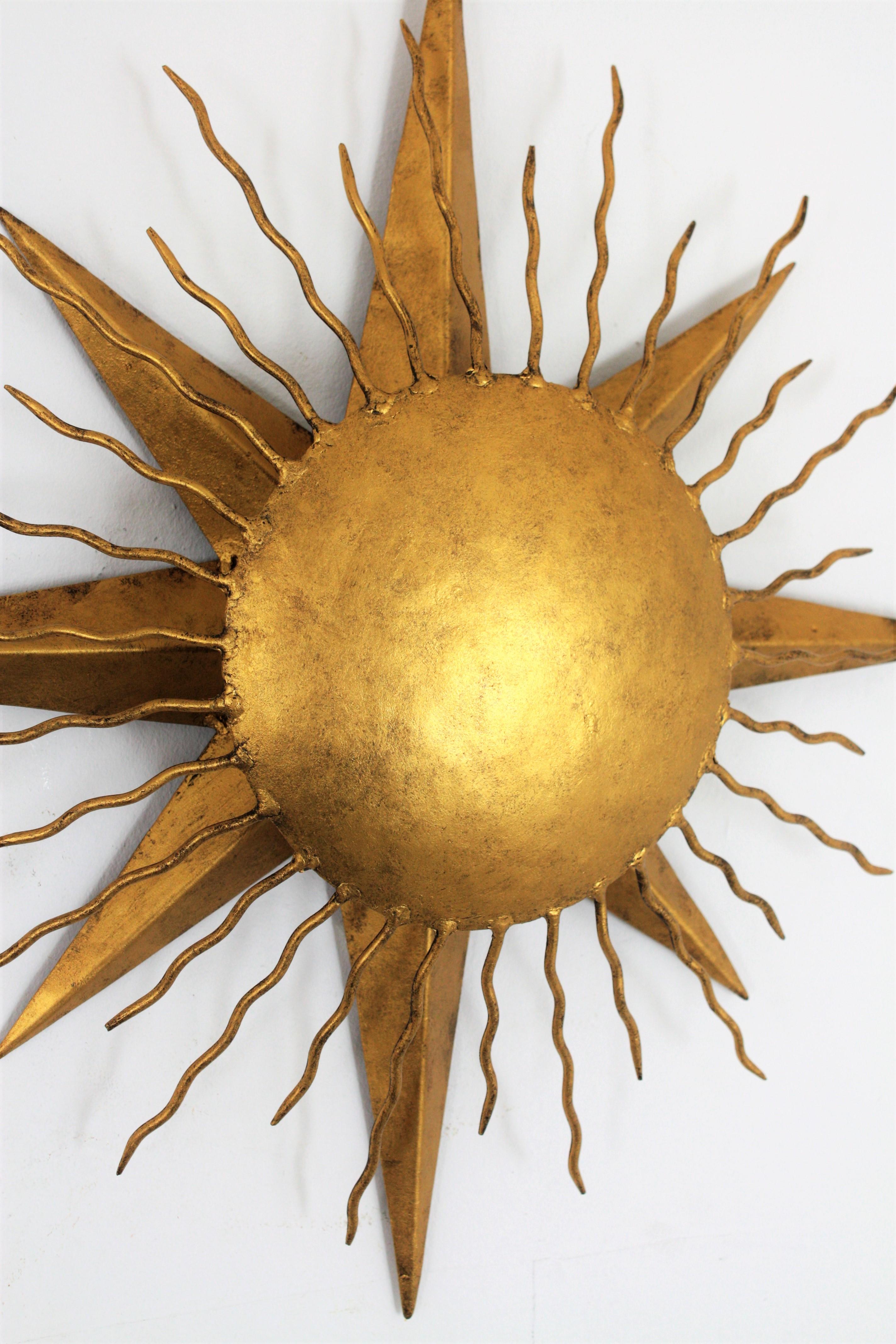 Pair of Wrought Gilt Iron Starburst Sunburst Wall Light Fixtures, Spain 1950s 2
