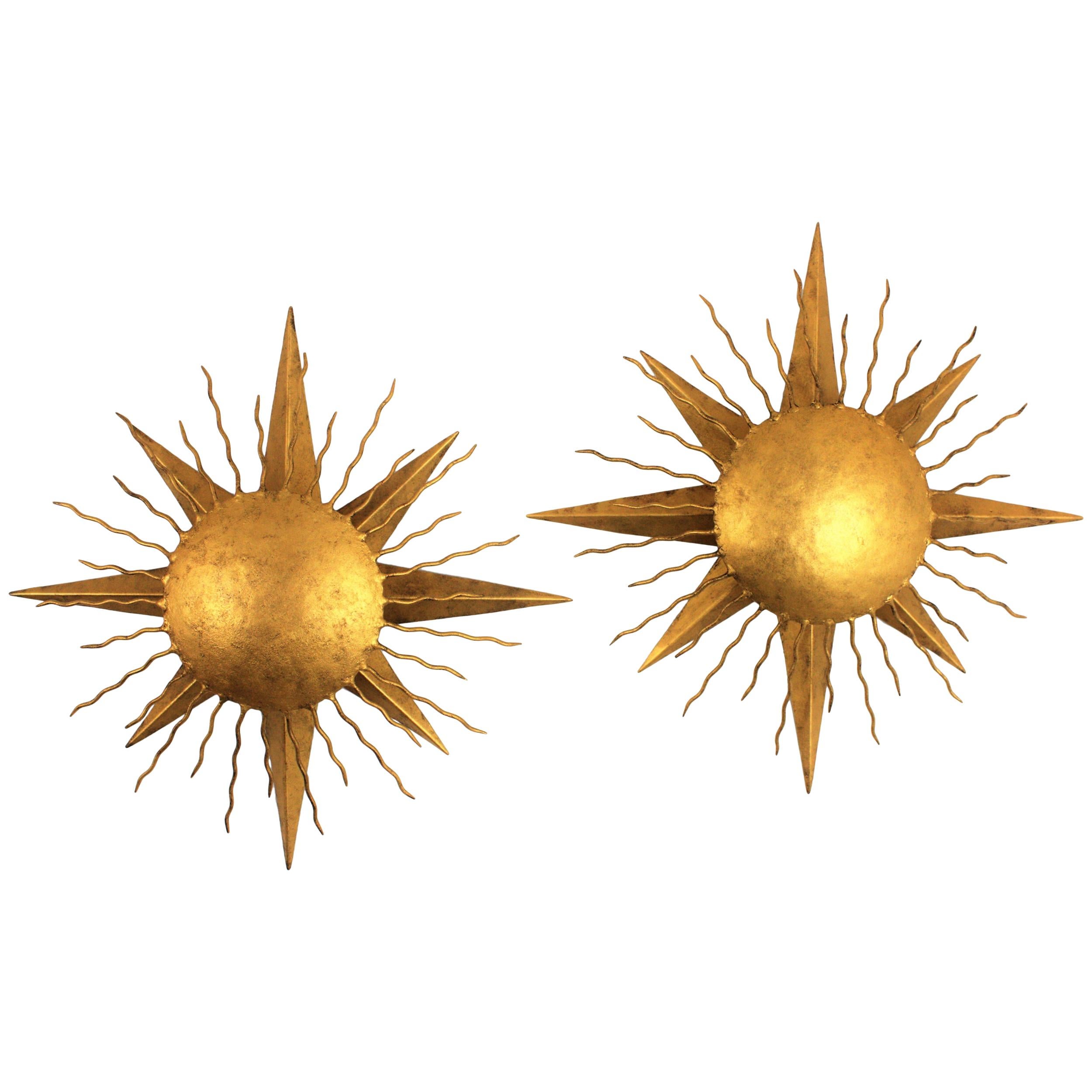 Pair of Wrought Gilt Iron Starburst Sunburst Wall Light Fixtures, Spain 1950s