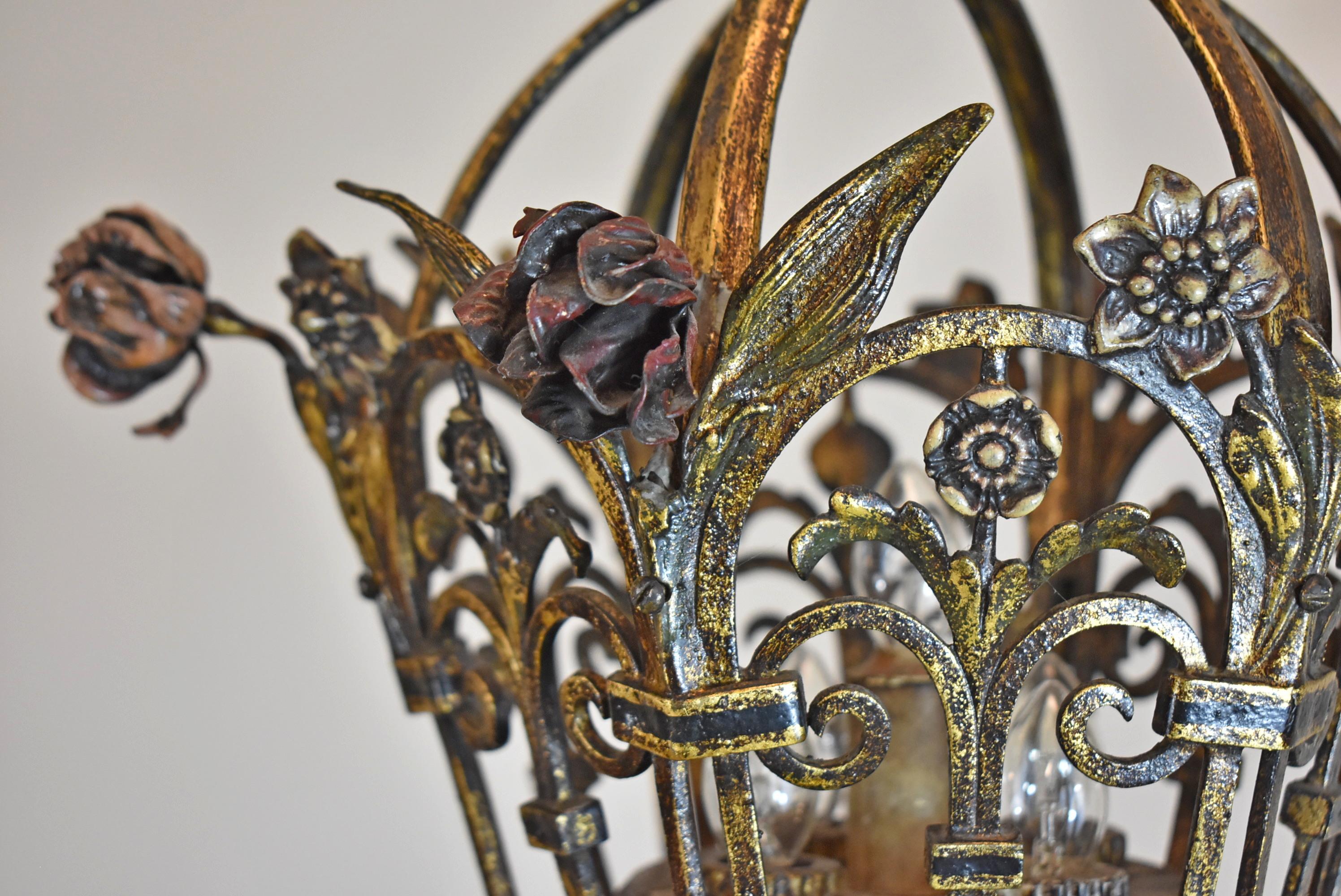 Art Nouveau Pair of Wrought Iron 1920s Torchiers Enamel Floral Details For Sale