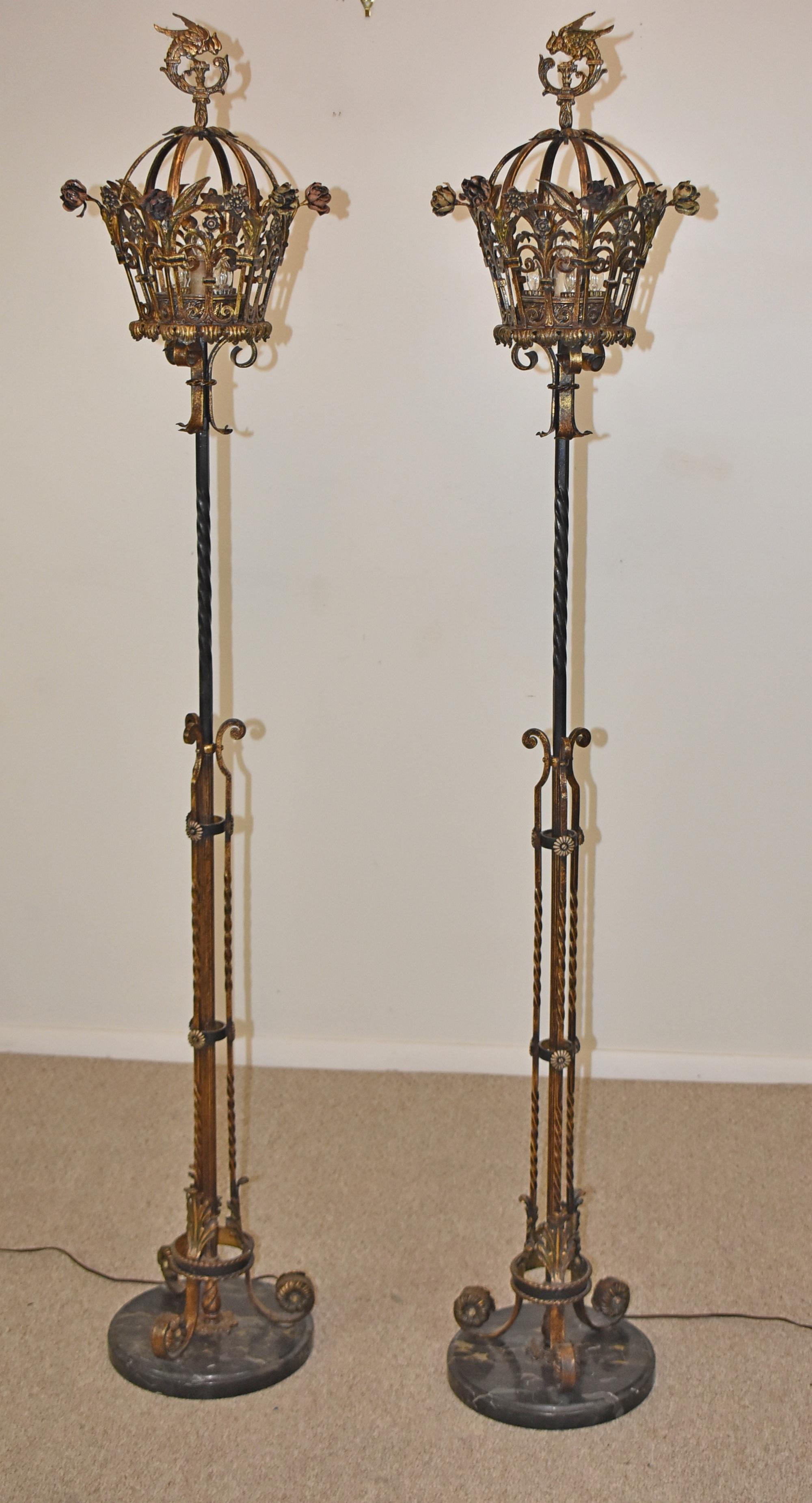 Pair of Wrought Iron 1920s Torchiers Enamel Floral Details For Sale 1
