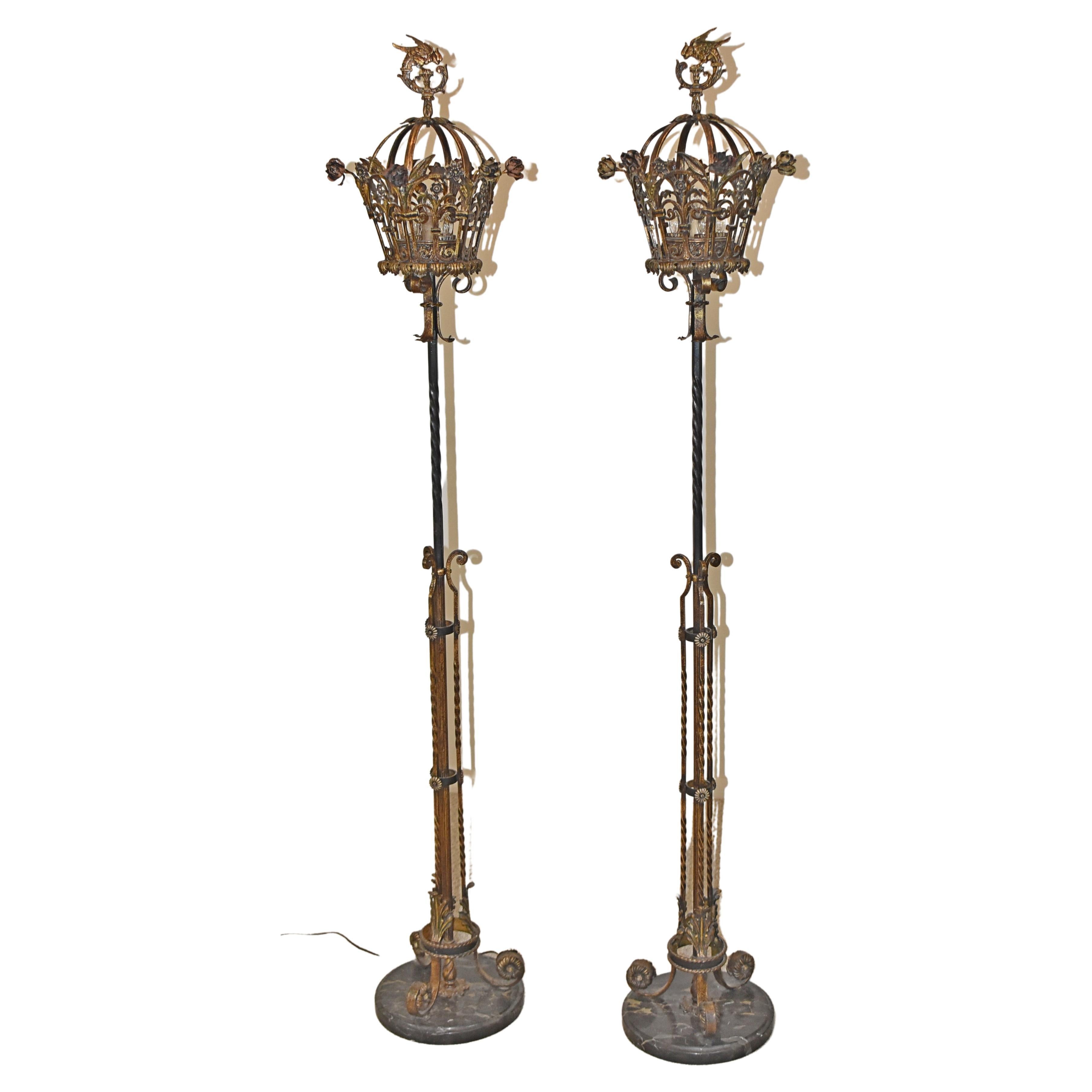 Pair of Wrought Iron 1920s Torchiers Enamel Floral Details For Sale