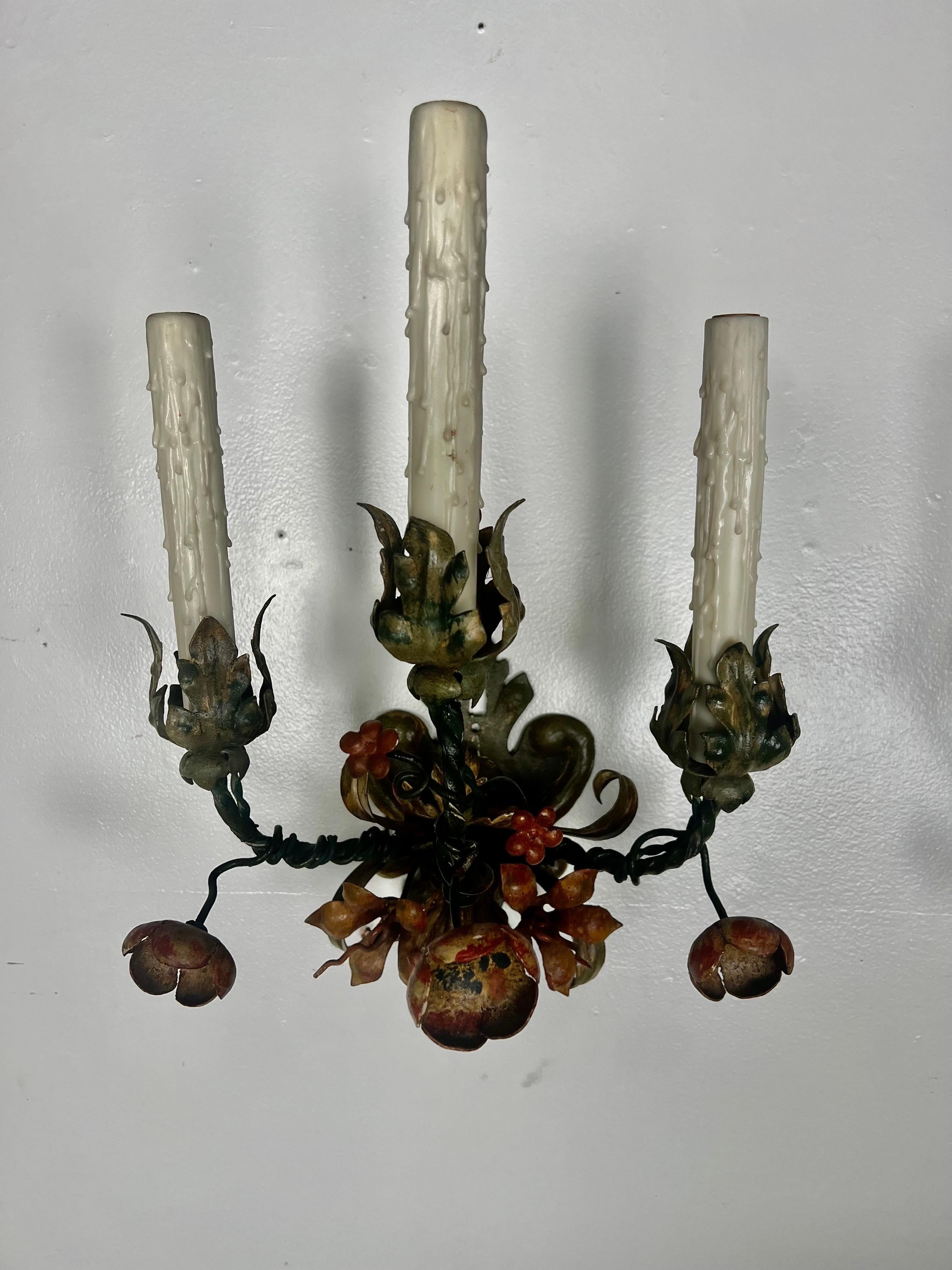 Rococo Pair of Wrought Iron 3-Light Painted Sconces