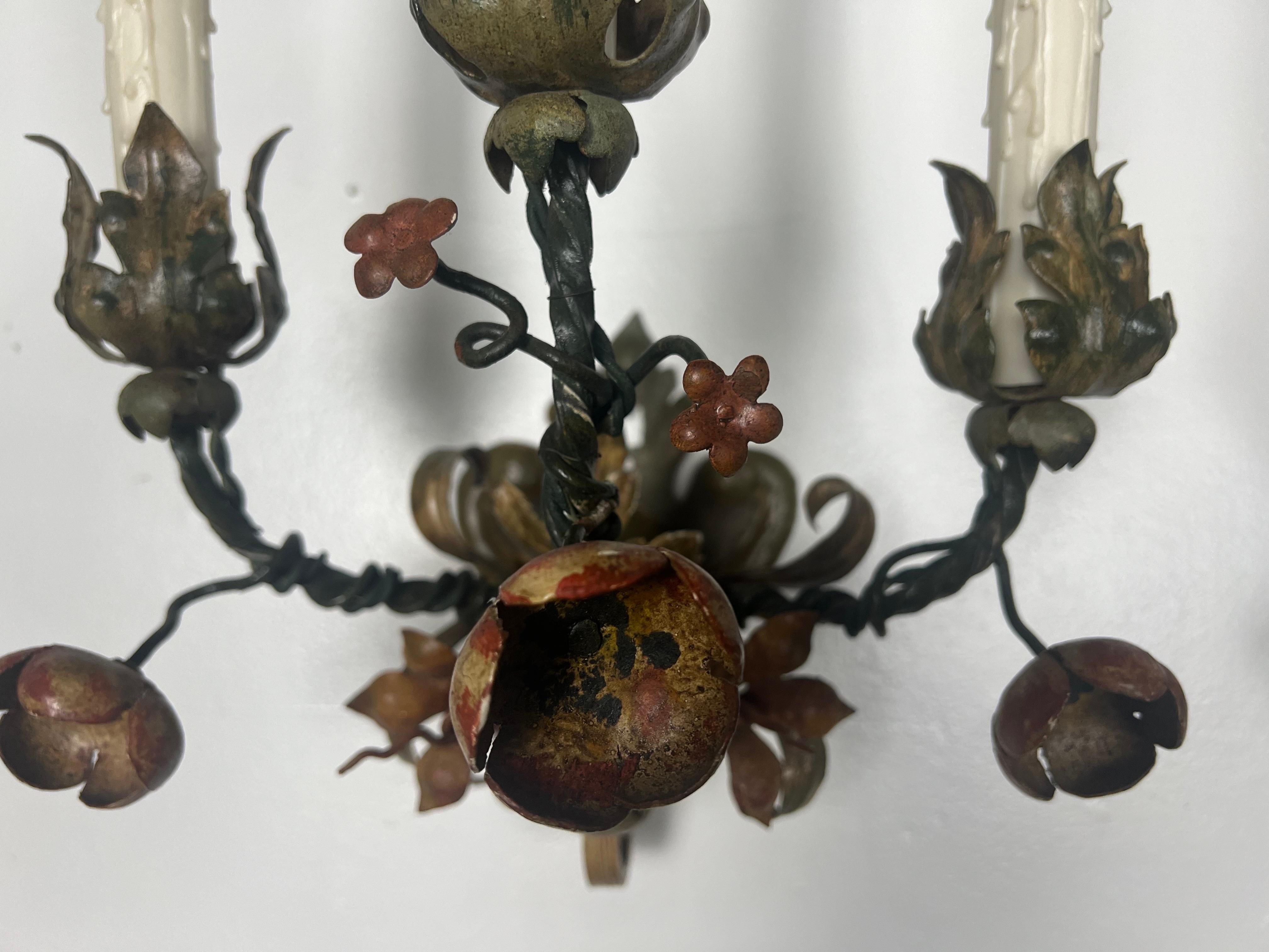 French Pair of Wrought Iron 3-Light Painted Sconces
