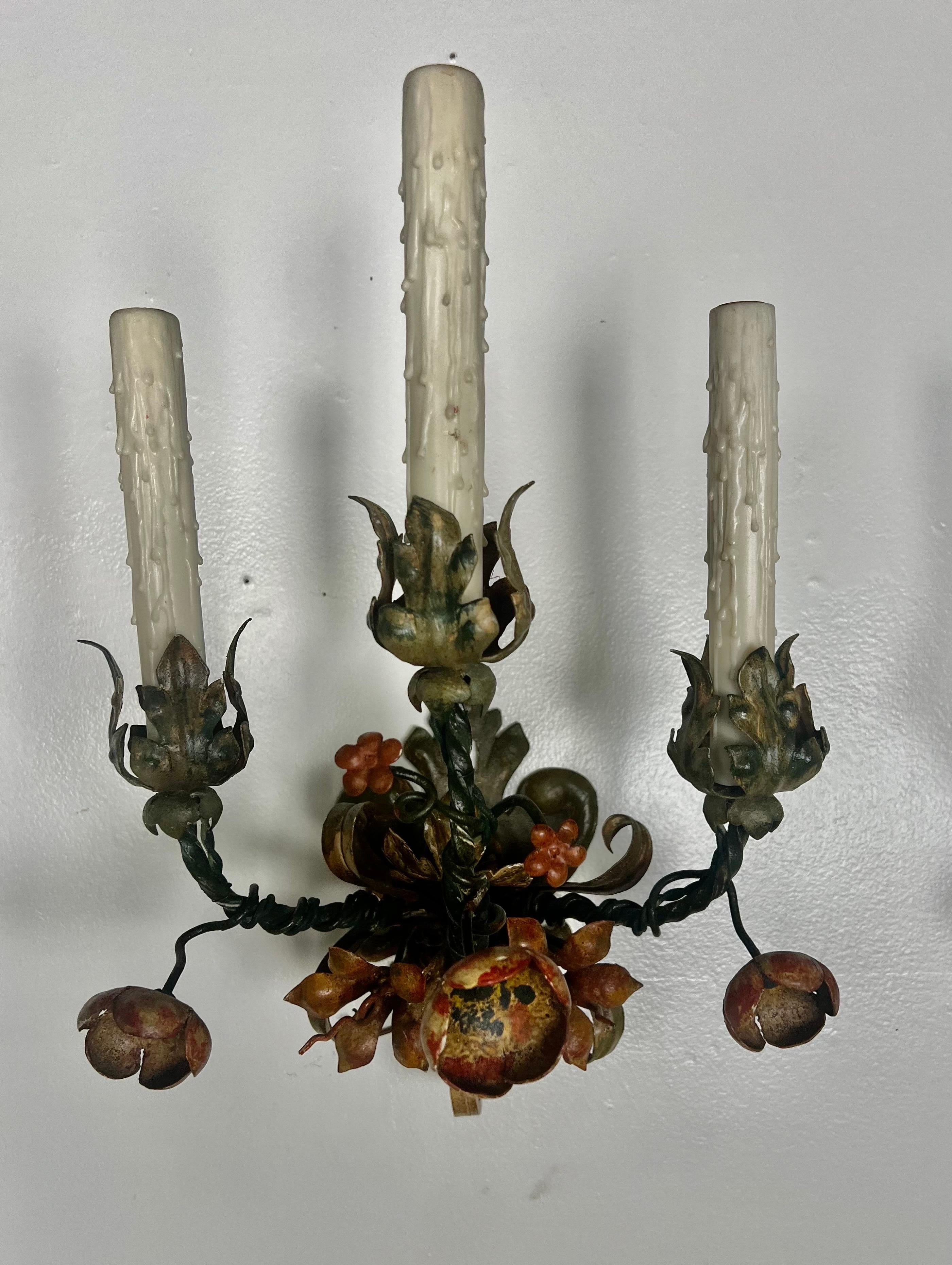 Pair of Wrought Iron 3-Light Painted Sconces In Good Condition In Los Angeles, CA