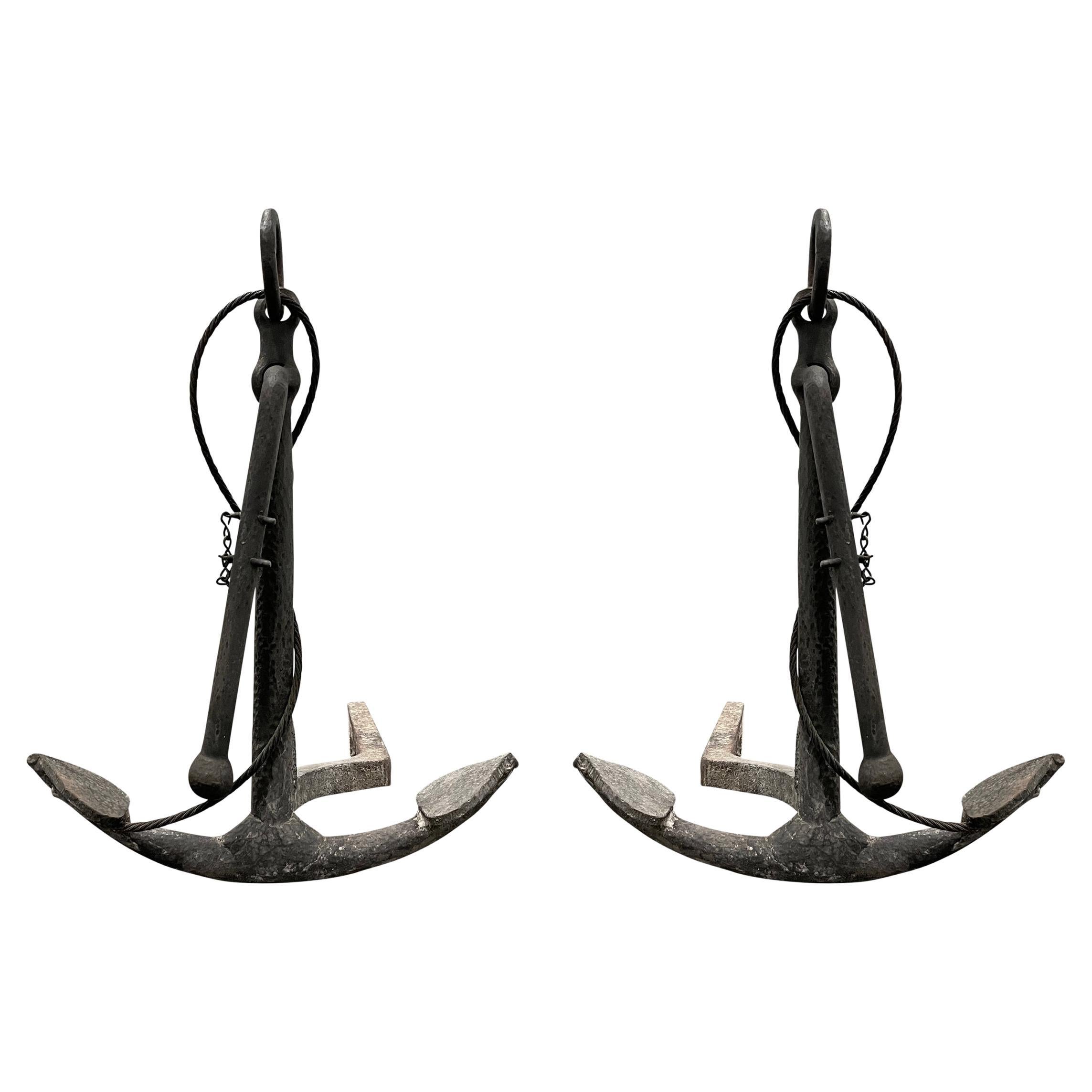 Pair of Wrought Iron Anchor Andirons