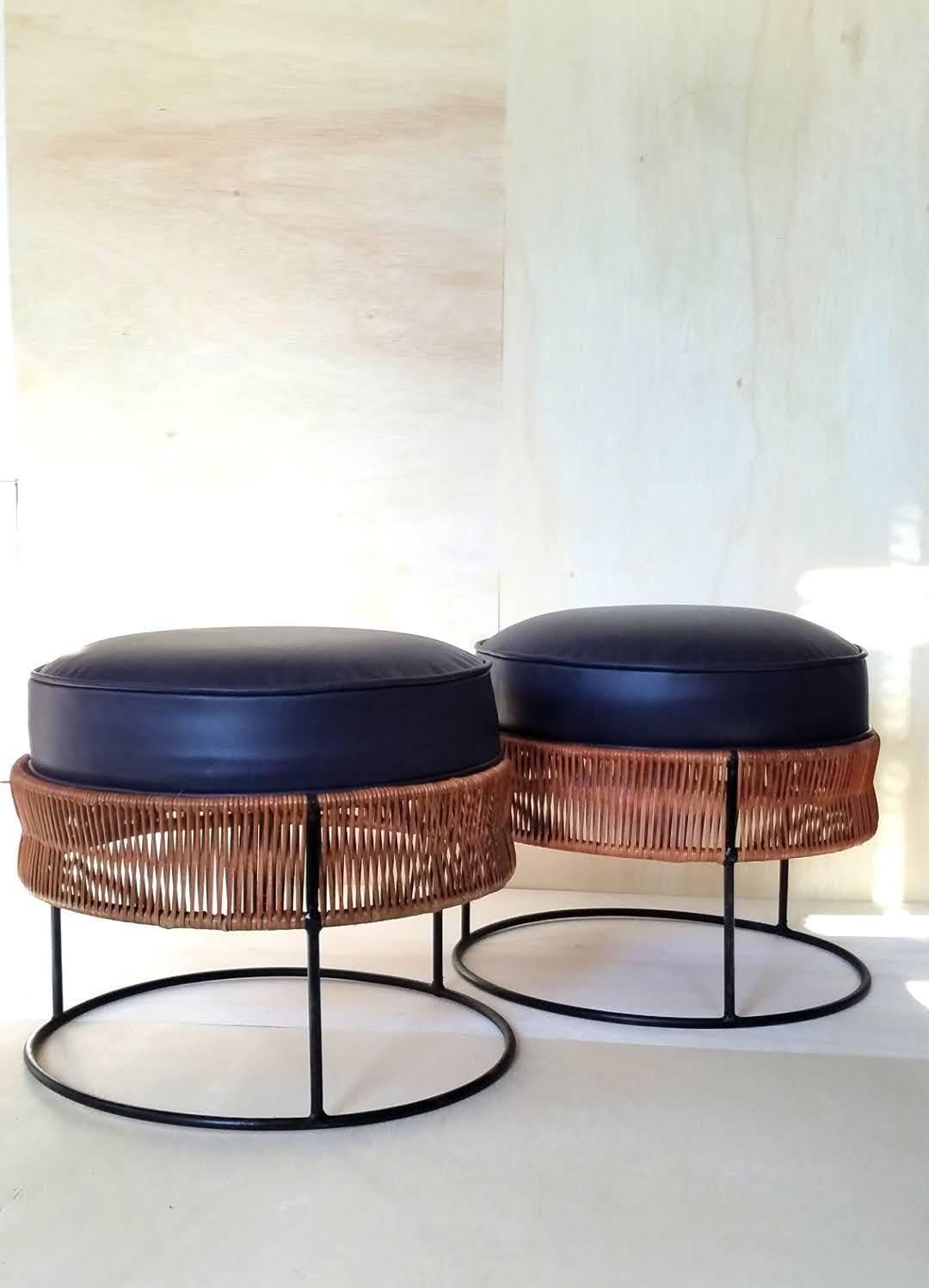 American Pair of Wrought Iron and Bamboo End Tables / Stools Arthur Umanoff 1960
