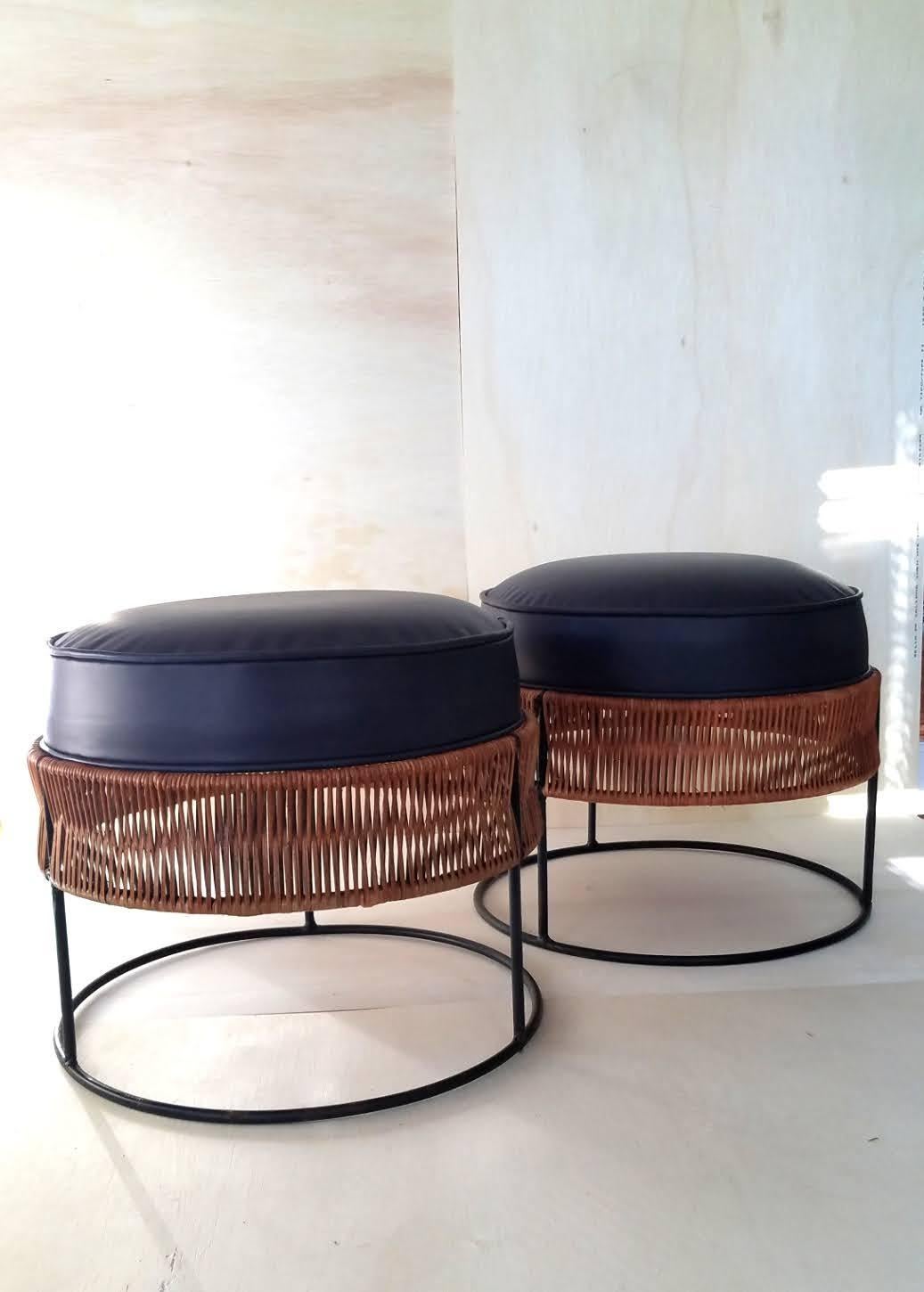 Pair of Wrought Iron and Bamboo End Tables / Stools Arthur Umanoff 1960 2