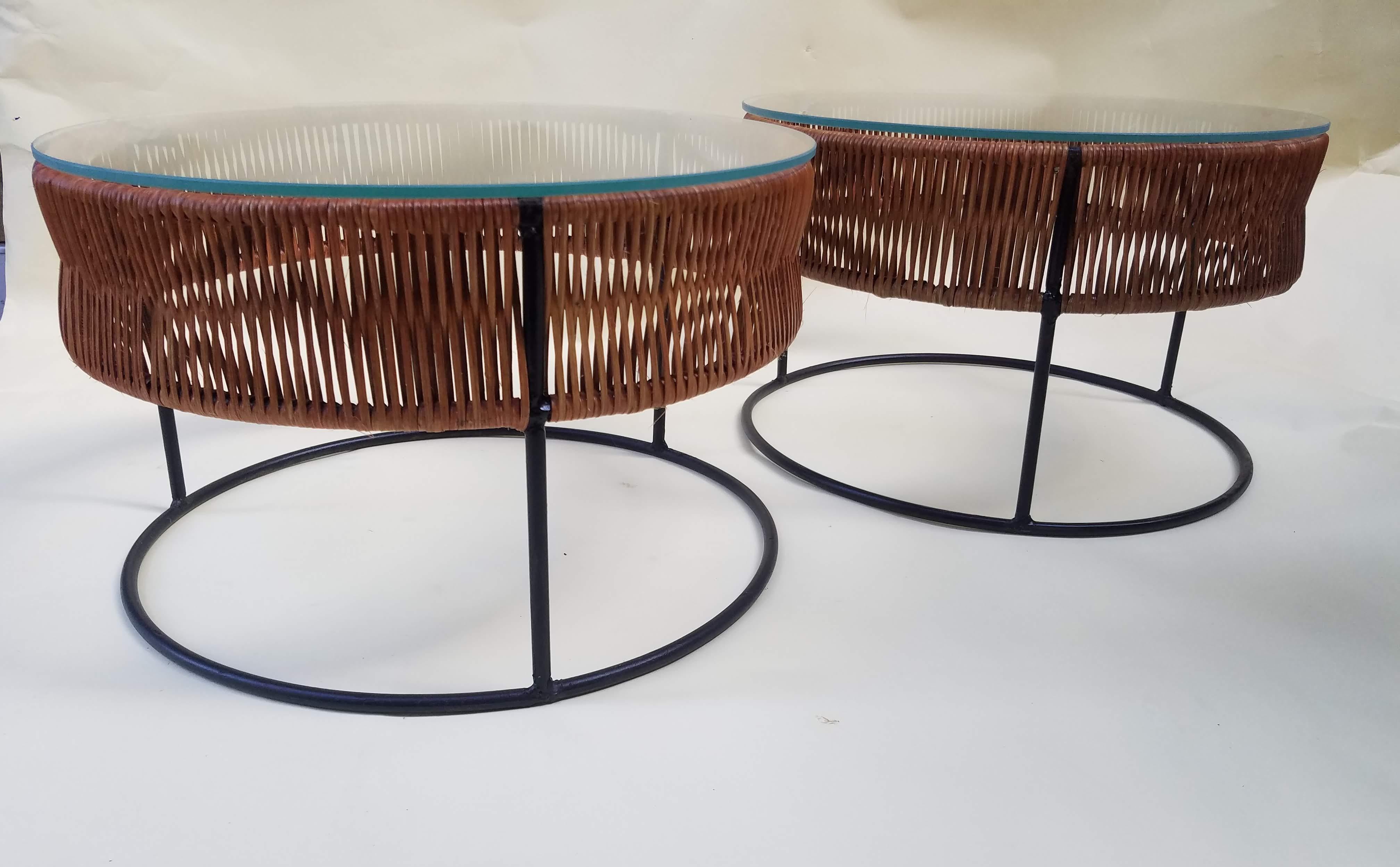 Mid-Century Modern Pair of Wrought Iron and Bamboo End Tables / Stools Arthur Umanoff 1960