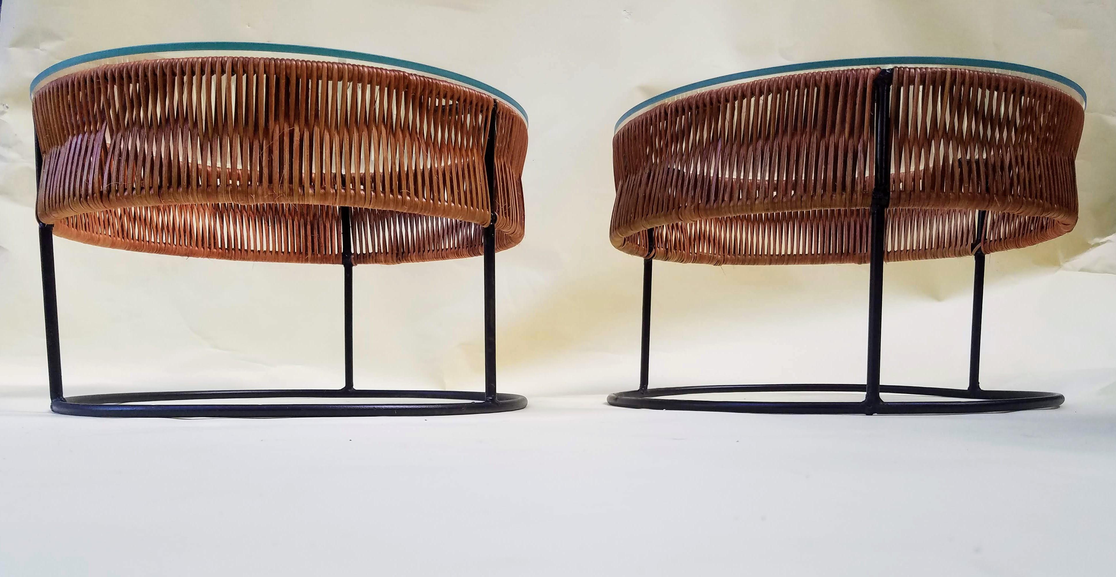 Caning Pair of Wrought Iron and Bamboo End Tables / Stools Arthur Umanoff 1960