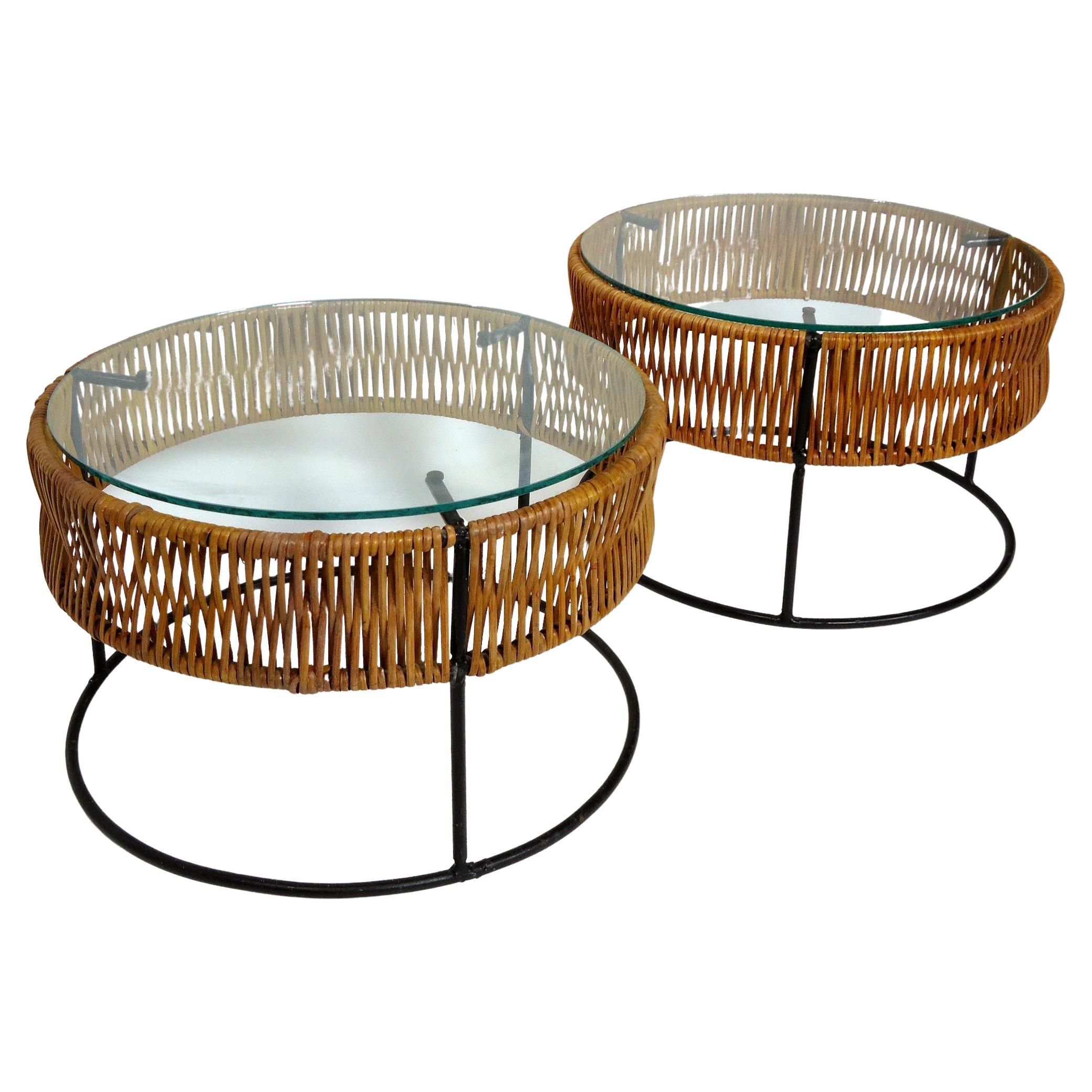 Pair of Wrought Iron and Bamboo End Tables / Stools Arthur Umanoff 1960