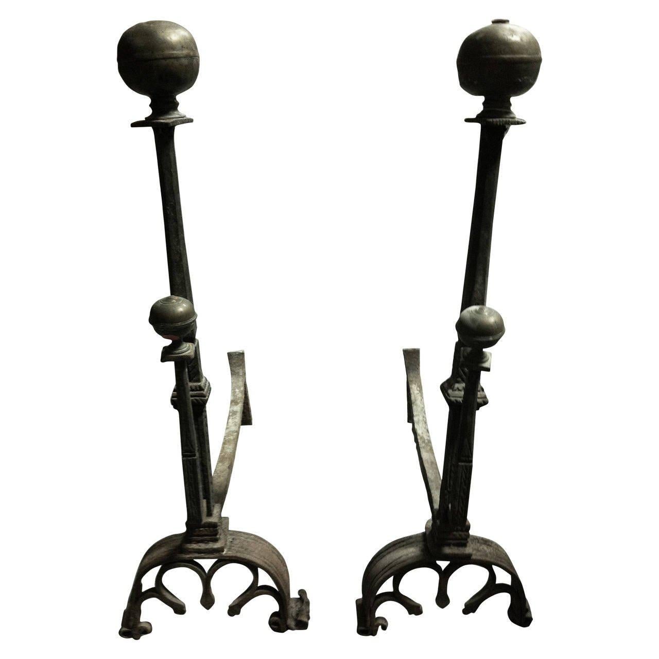 French Pair of Wrought Iron and Brass Andirons, circa 1740 For Sale