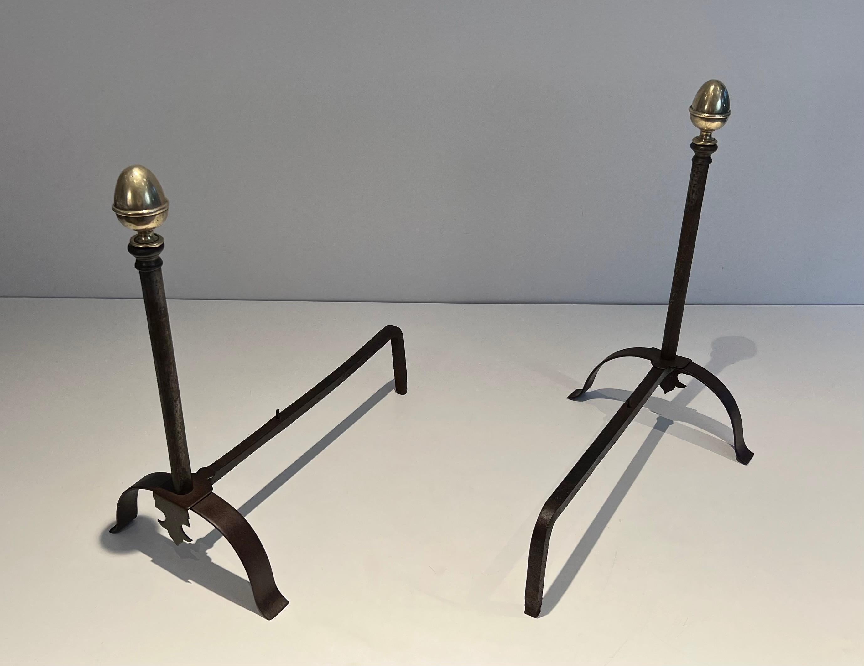 Pair of Wrought Iron and Brass Andirons For Sale 4