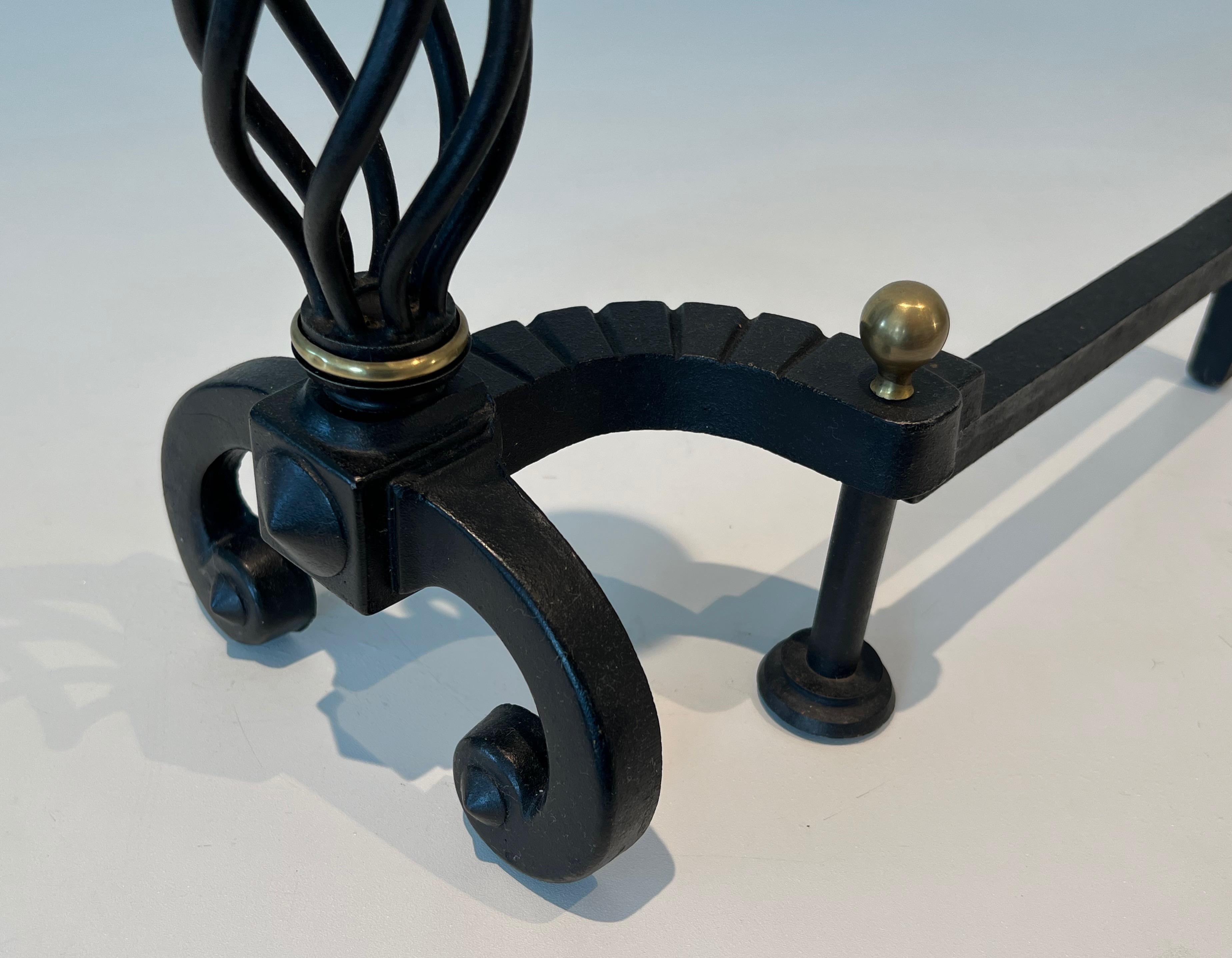 Pair of Wrought Iron and Brass Andirons For Sale 5