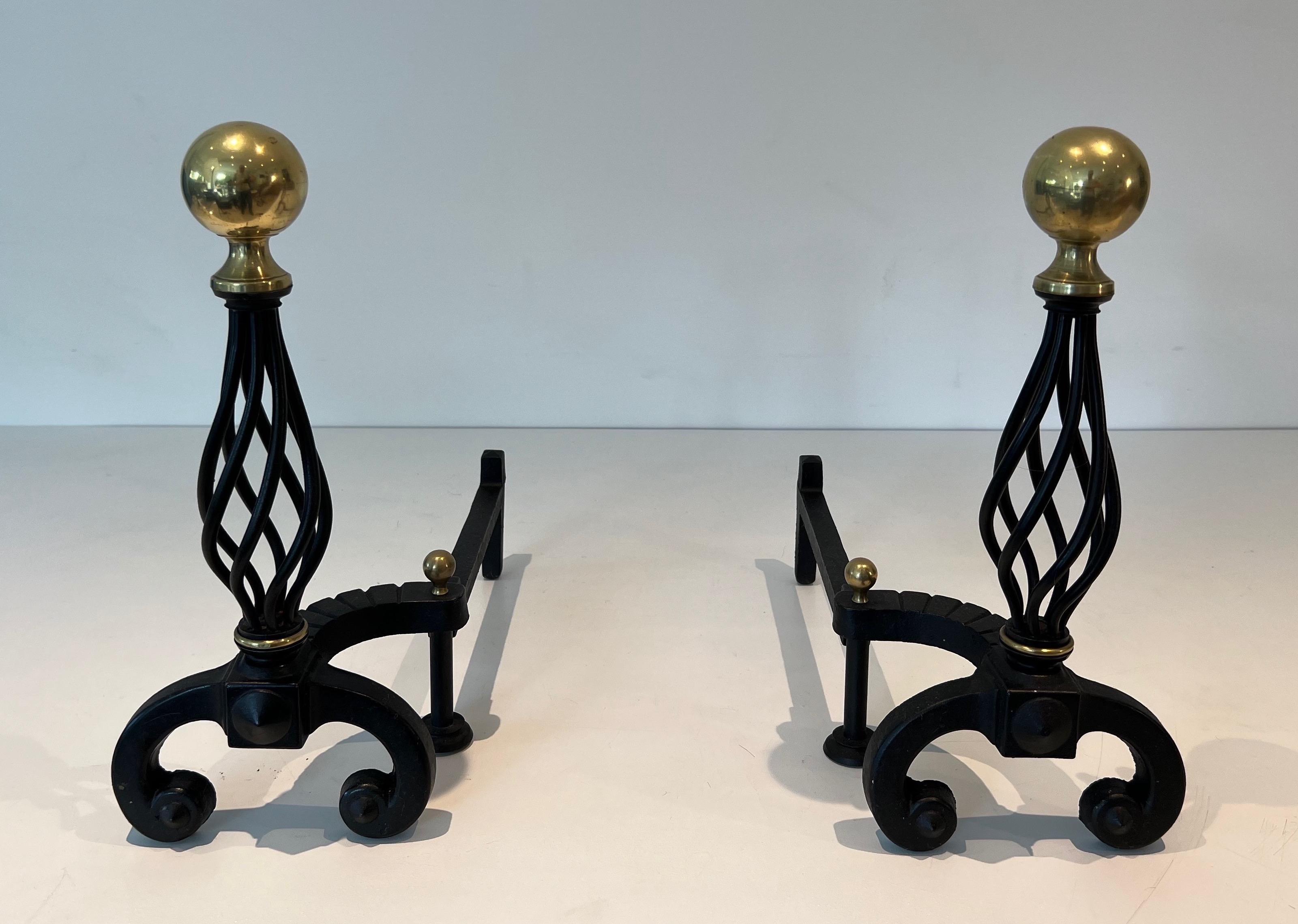 Pair of Wrought Iron and Brass Andirons For Sale 6