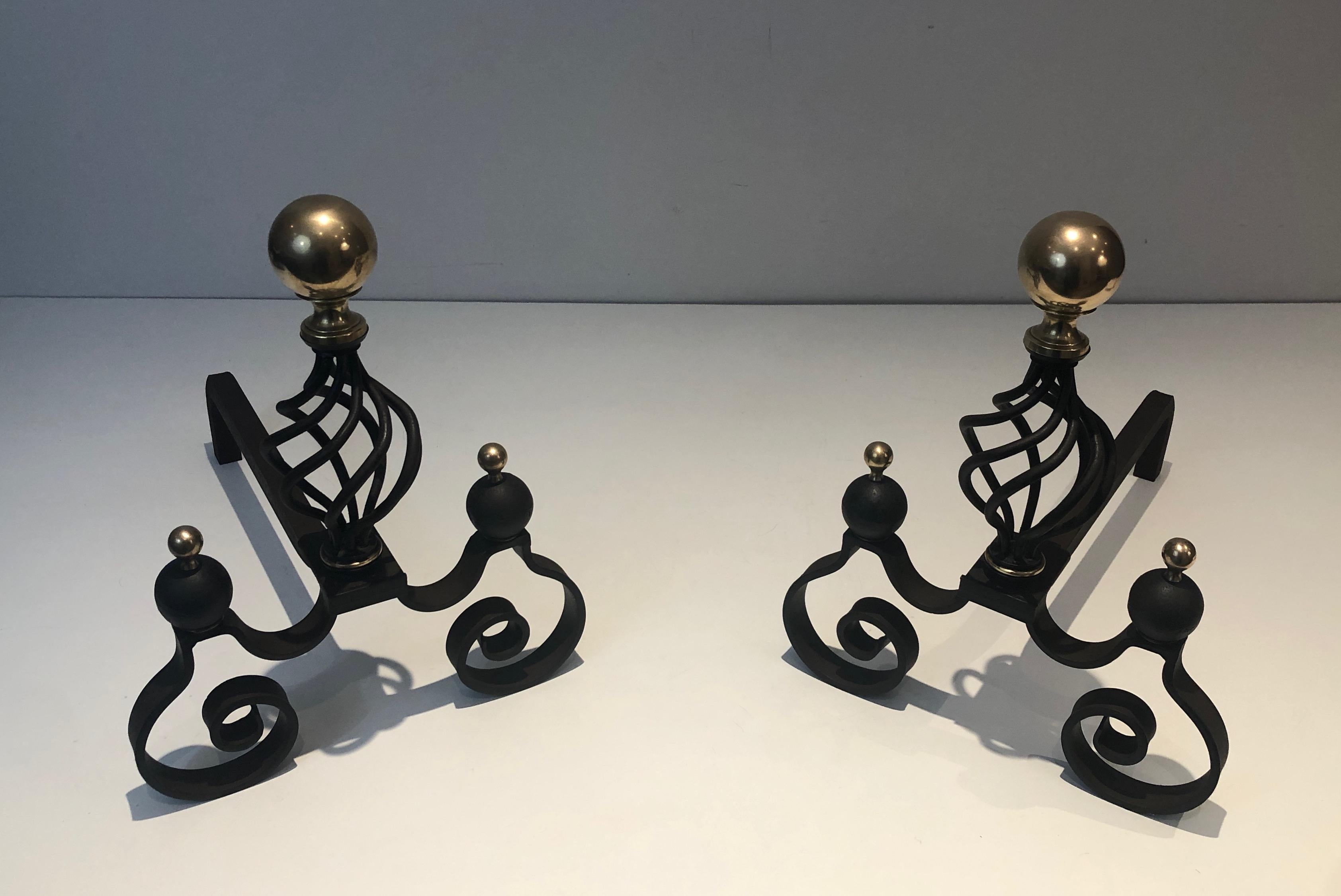 Pair of Wrought Iron and Brass Andirons For Sale 7