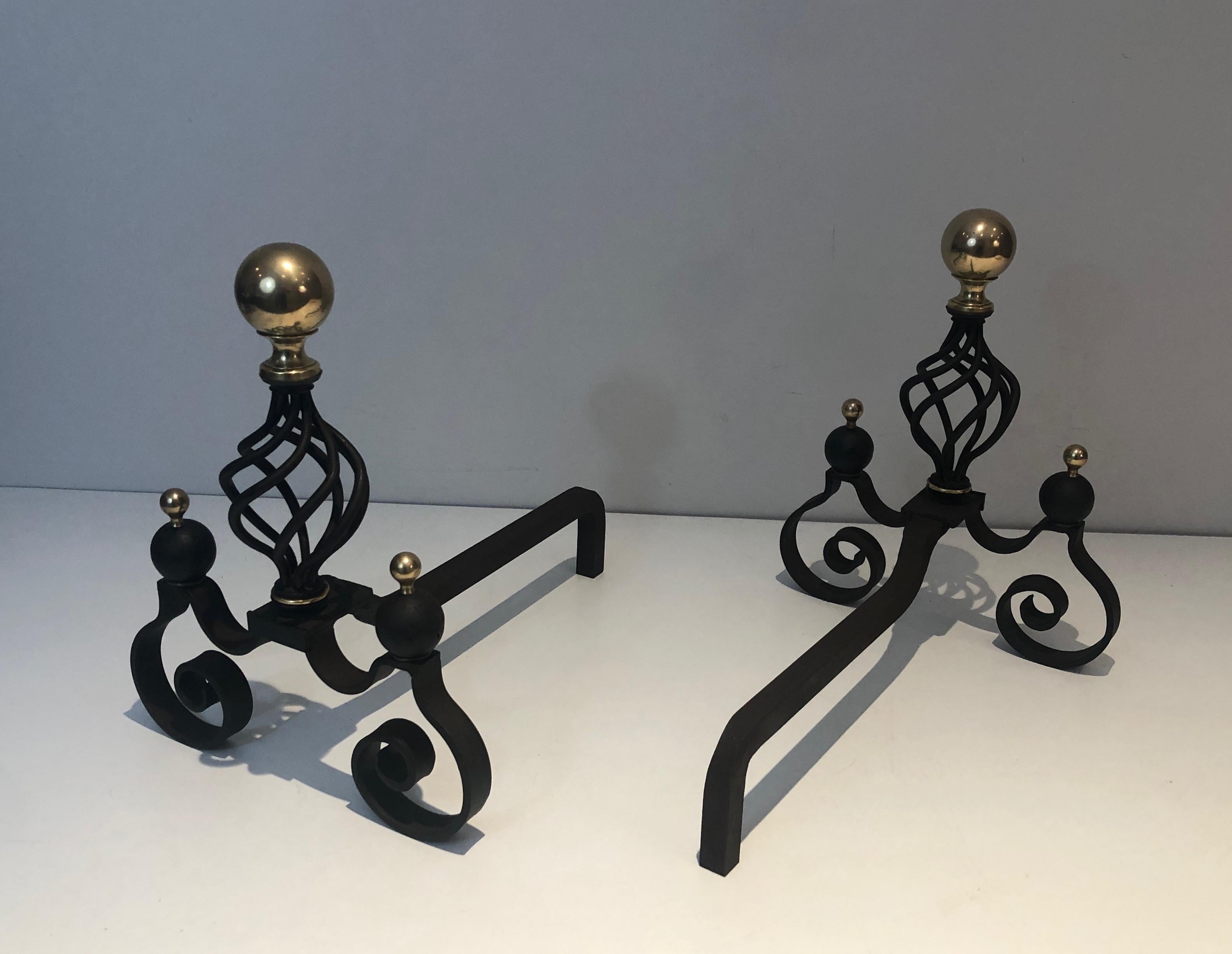 Pair of Wrought Iron and Brass Andirons For Sale 8