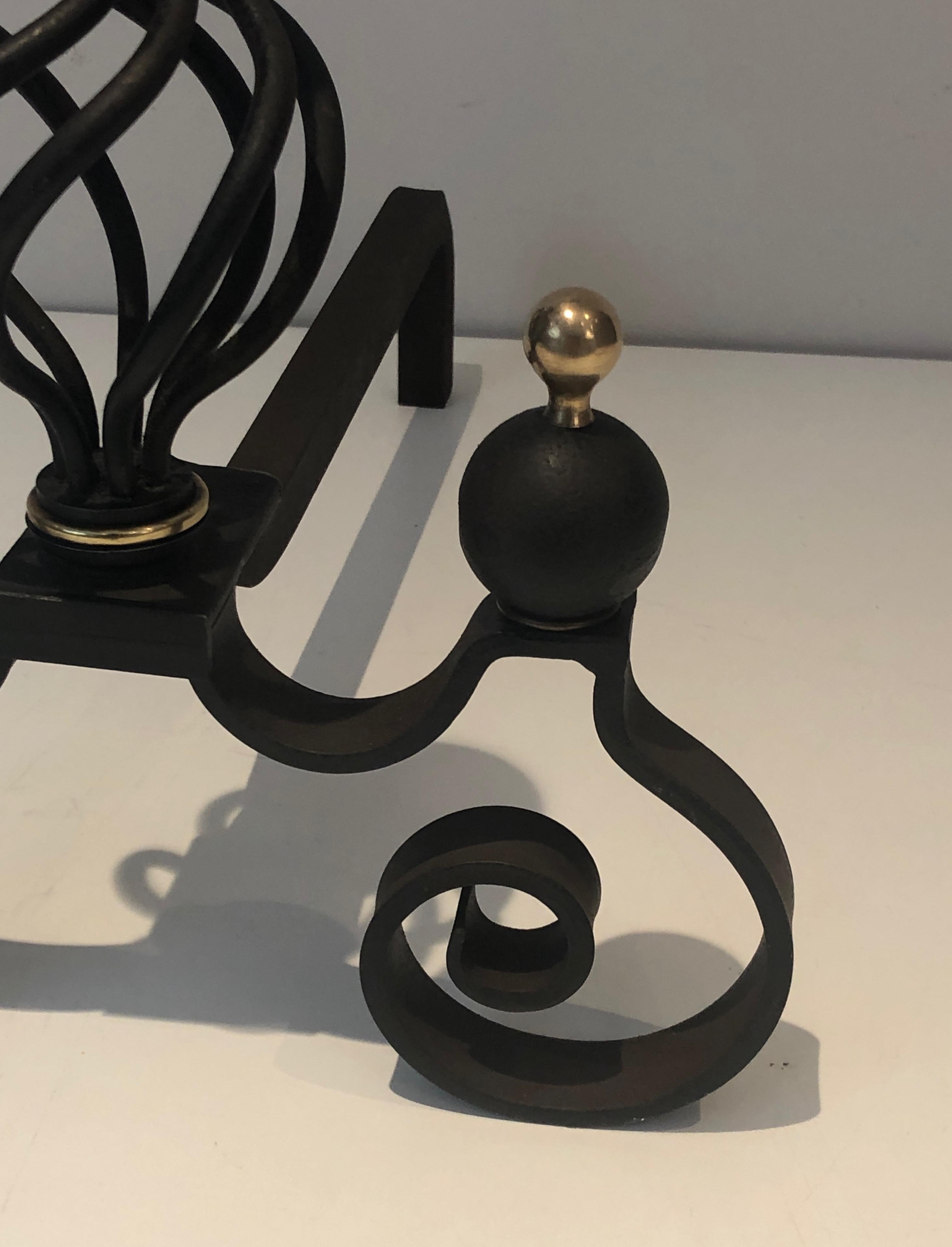 Pair of Wrought Iron and Brass Andirons For Sale 11