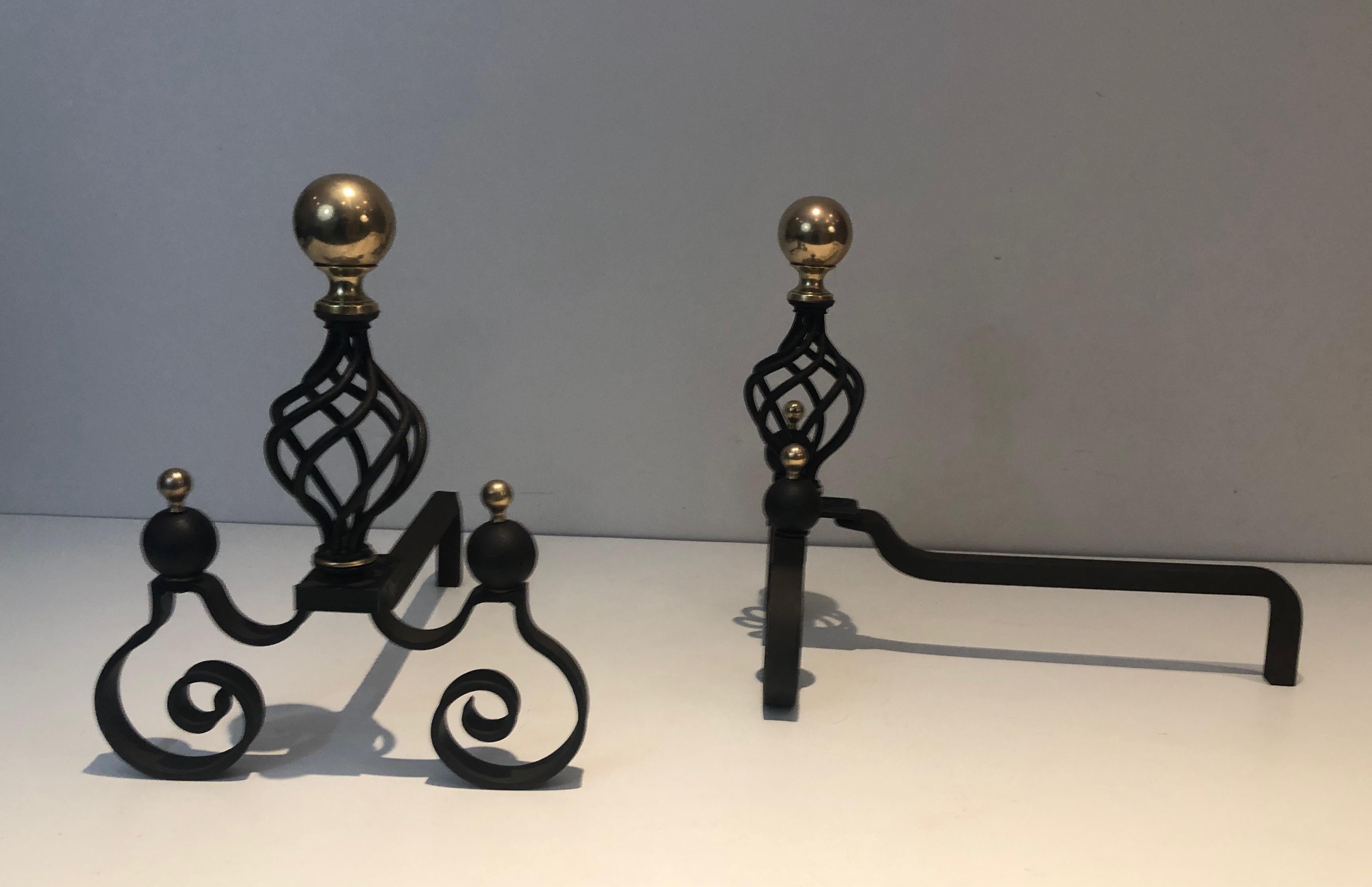 Pair of Wrought Iron and Brass Andirons For Sale 12