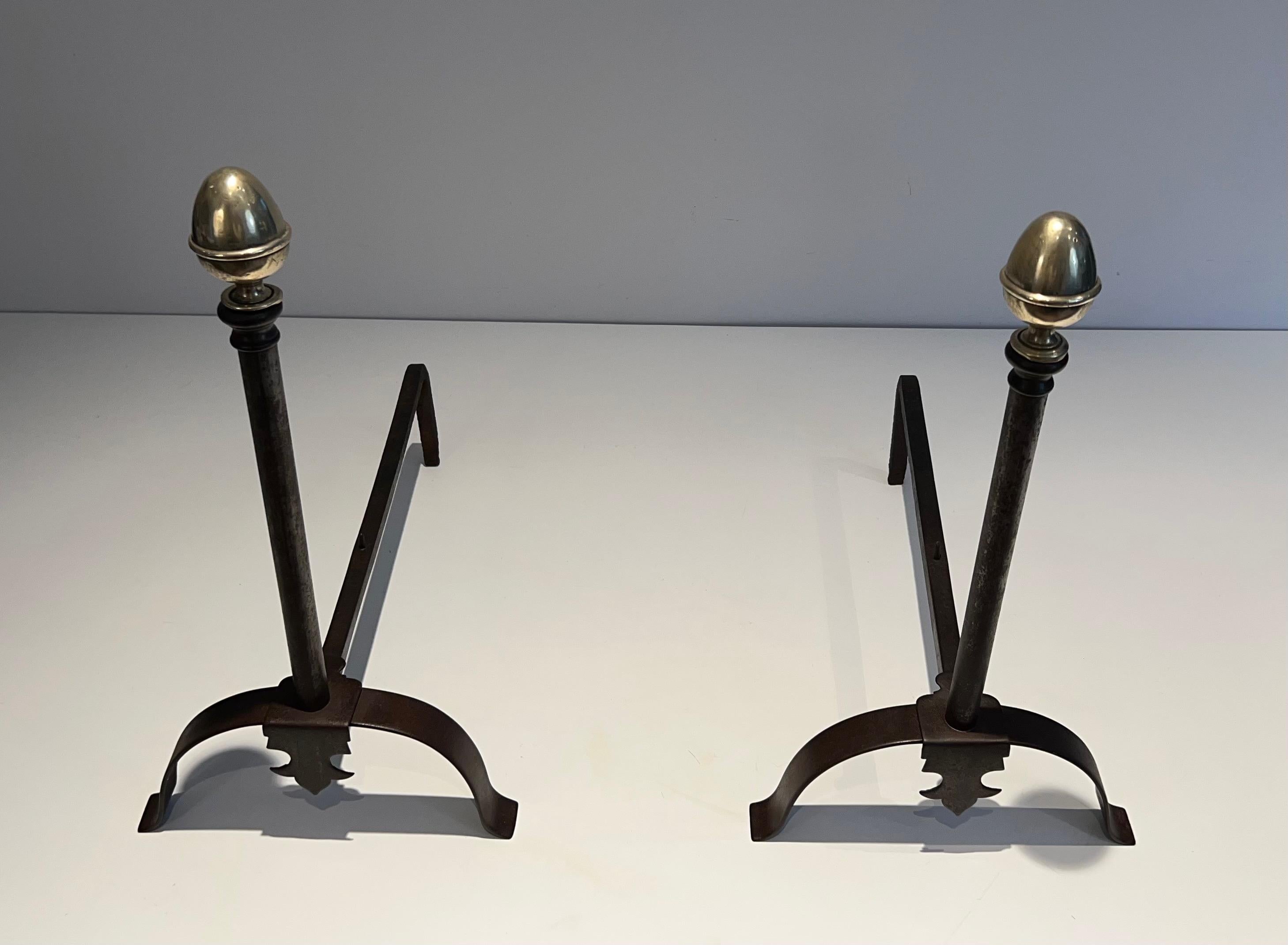 Louis XVI Pair of Wrought Iron and Brass Andirons For Sale