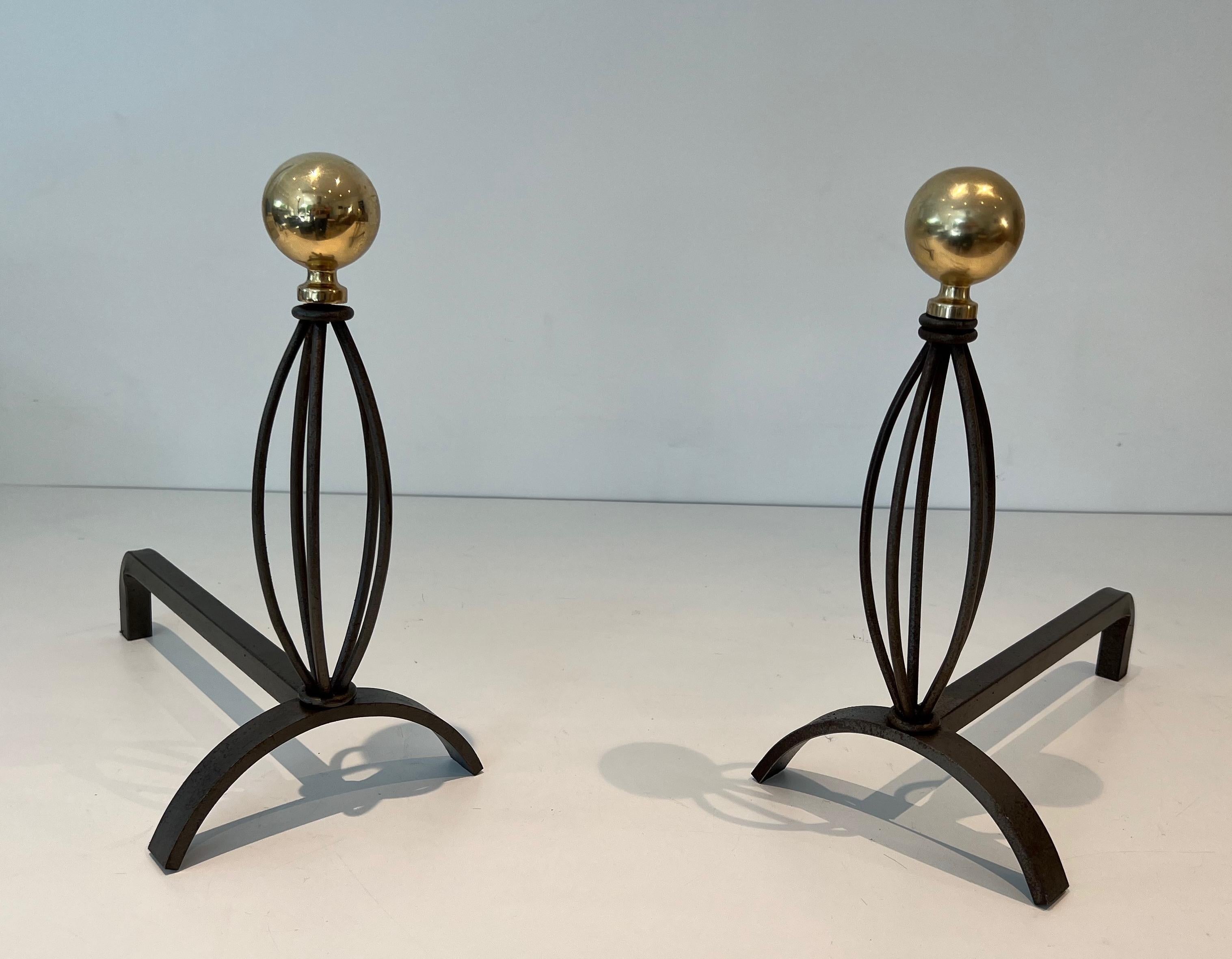 Mid-Century Modern Pair of Wrought Iron and Brass Andirons For Sale