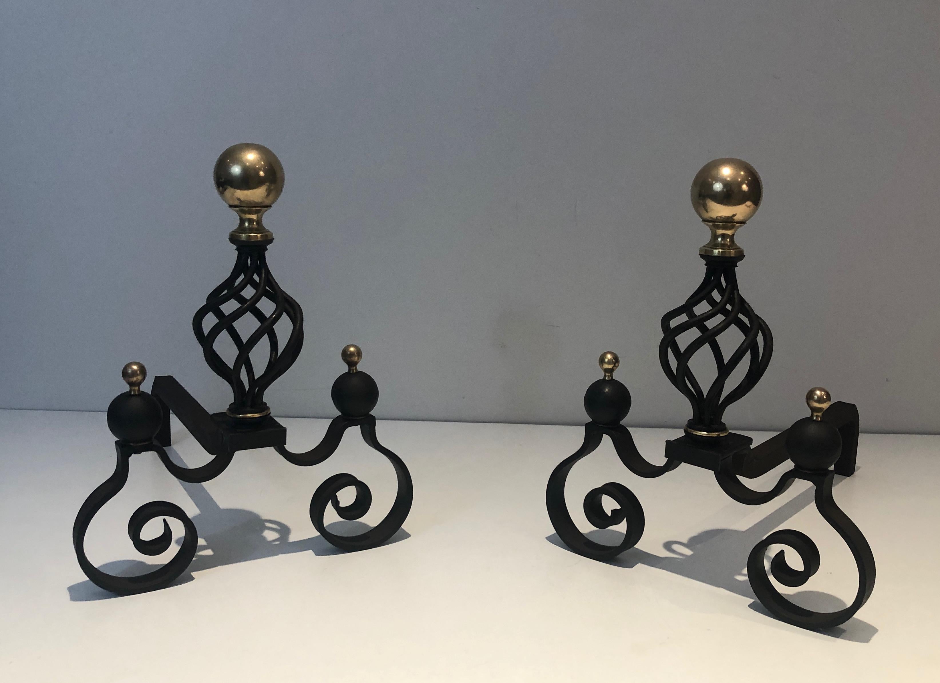 Mid-Century Modern Pair of Wrought Iron and Brass Andirons For Sale