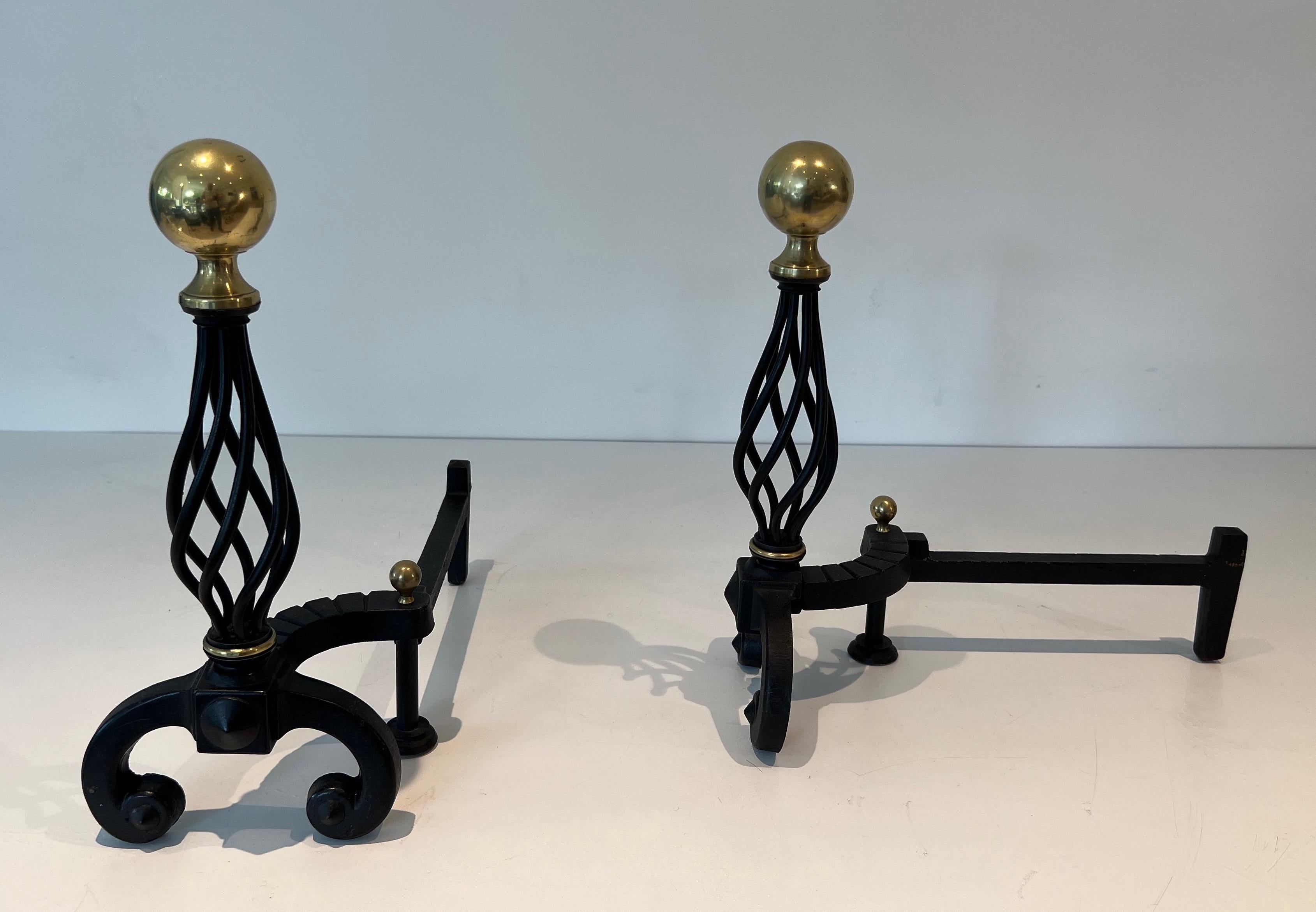 French Pair of Wrought Iron and Brass Andirons For Sale