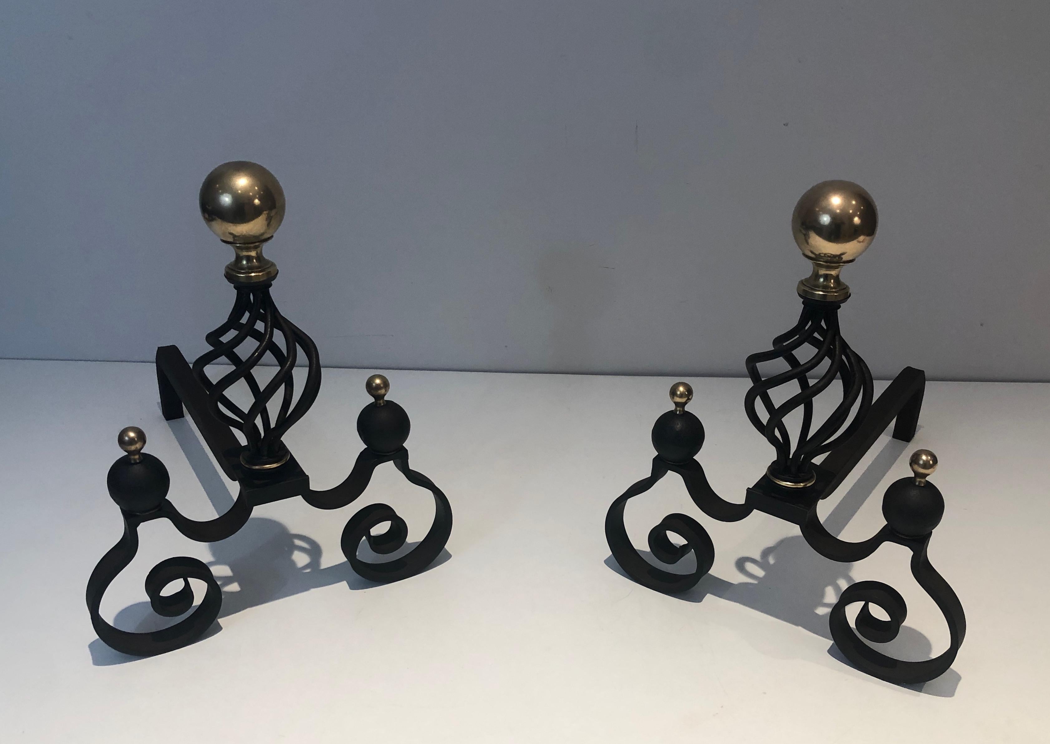 French Pair of Wrought Iron and Brass Andirons For Sale