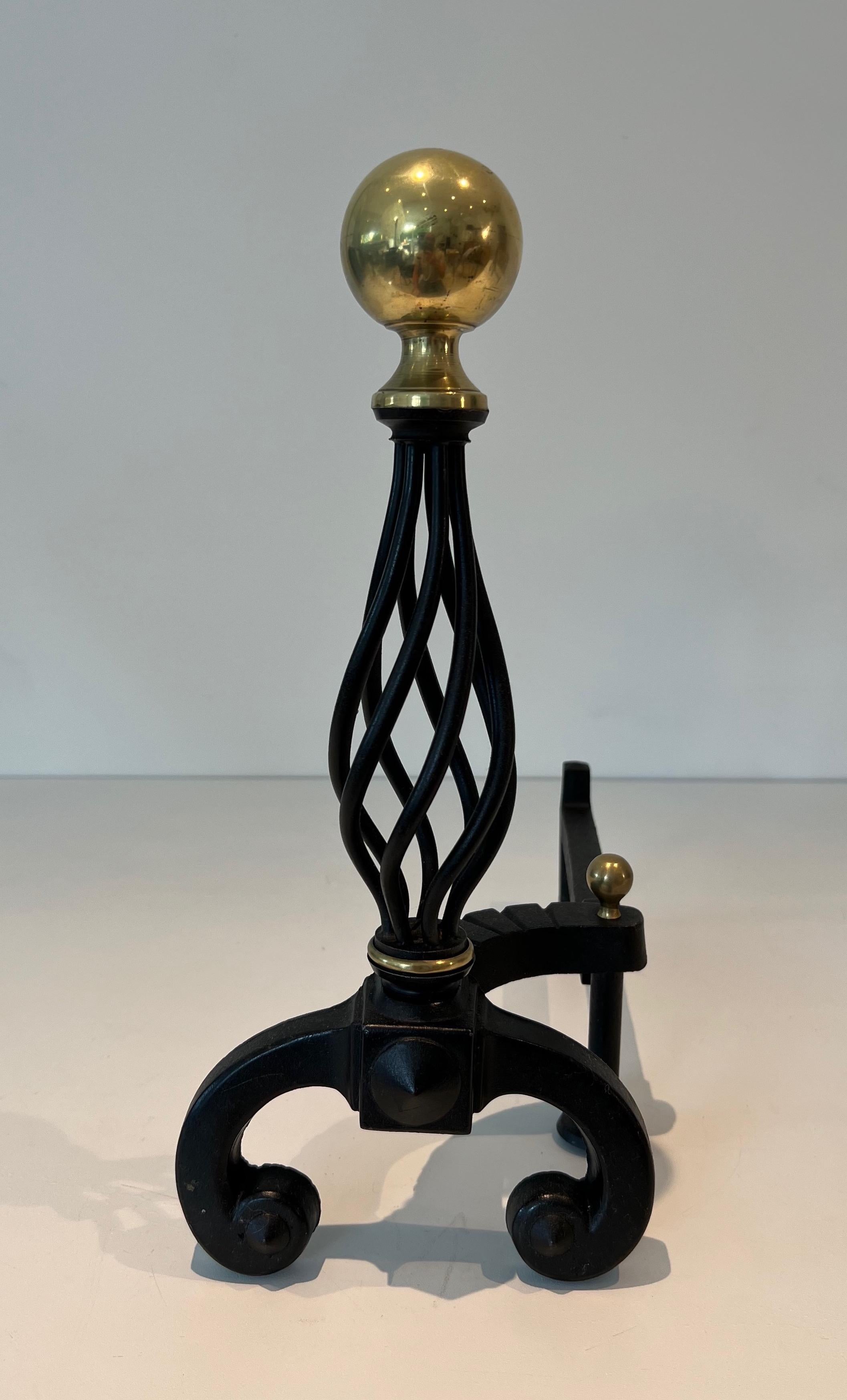 Late 20th Century Pair of Wrought Iron and Brass Andirons For Sale