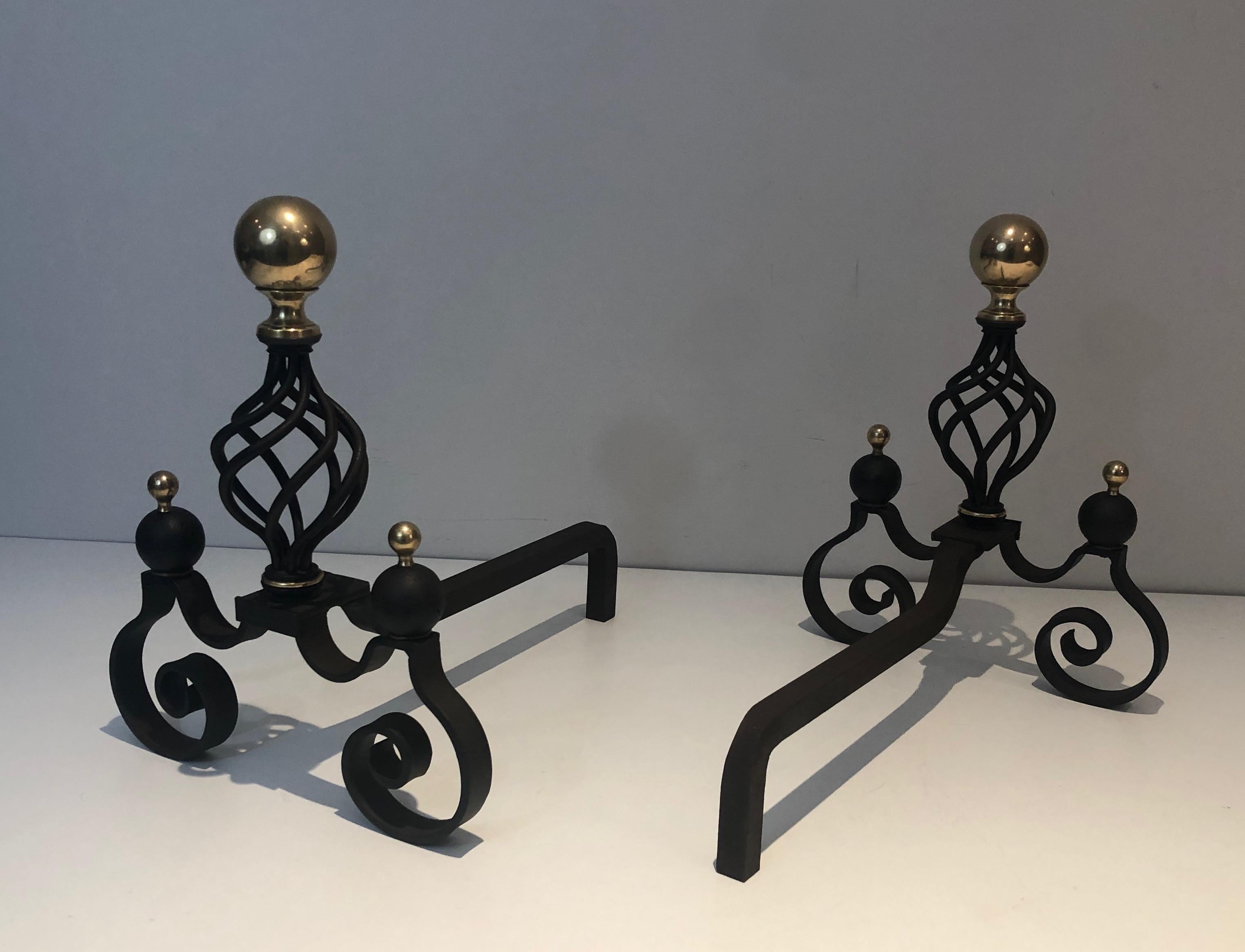 Late 20th Century Pair of Wrought Iron and Brass Andirons For Sale