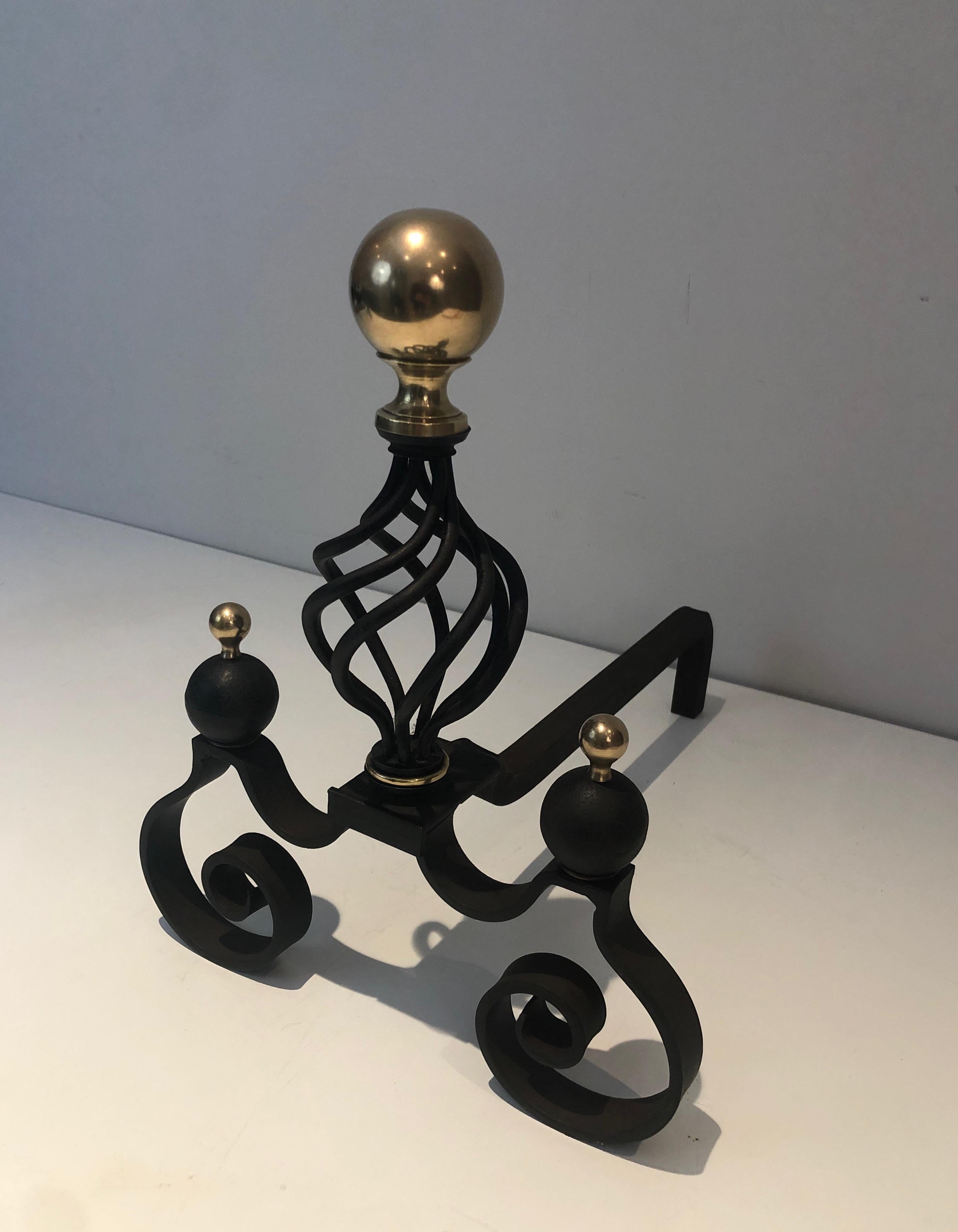 Pair of Wrought Iron and Brass Andirons For Sale 1
