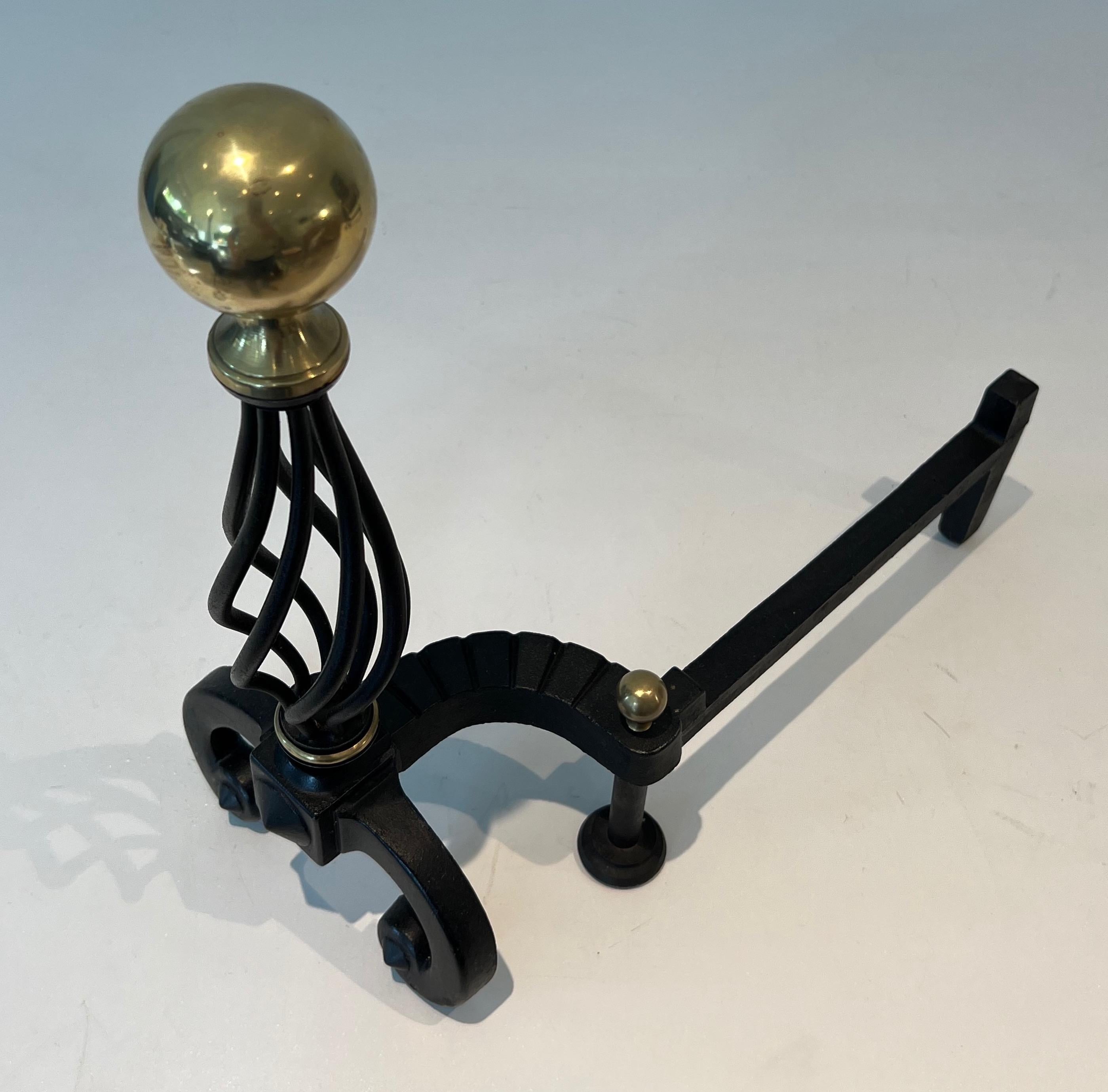 Pair of Wrought Iron and Brass Andirons For Sale 2