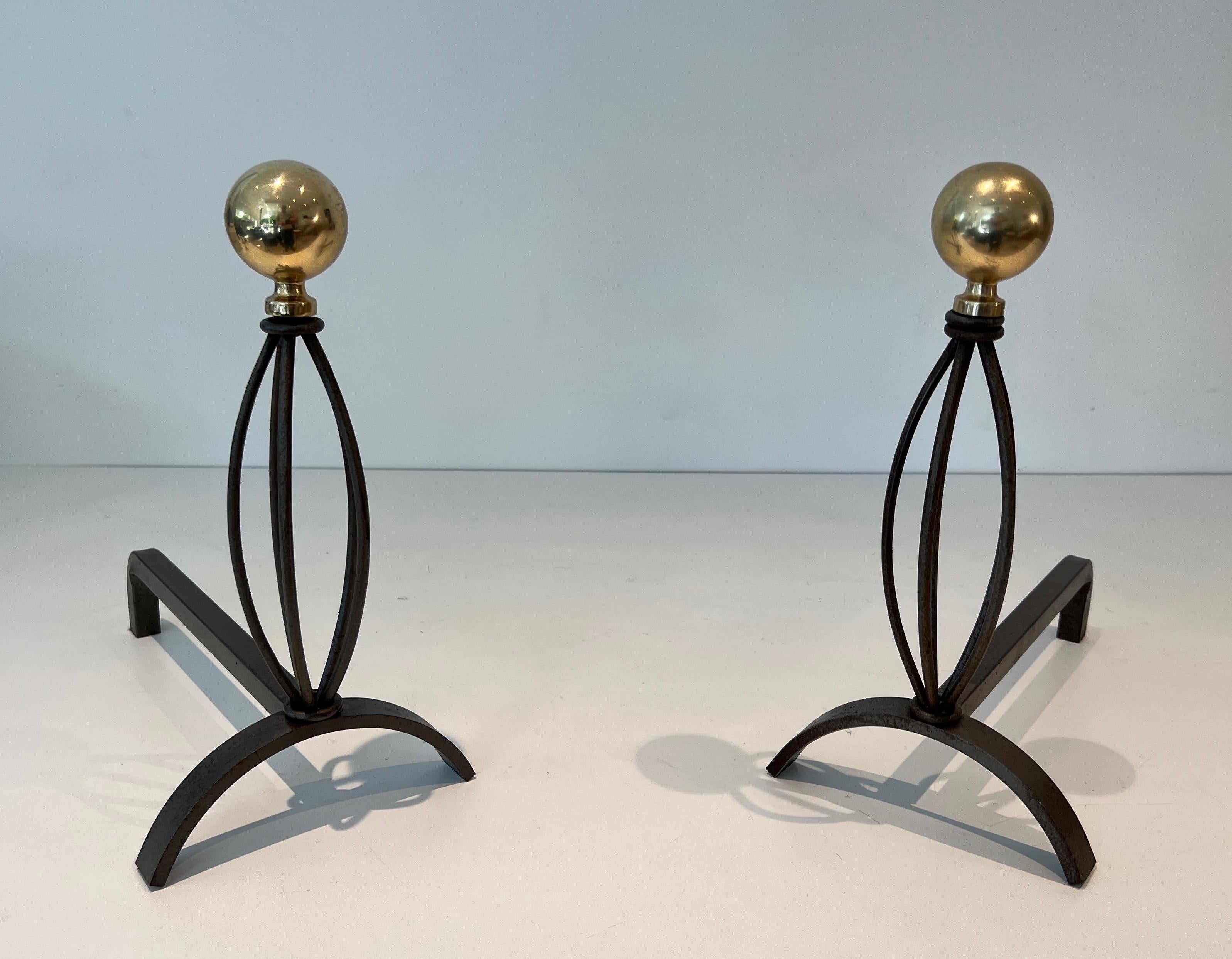 Pair of Wrought Iron and Brass Andirons For Sale 3