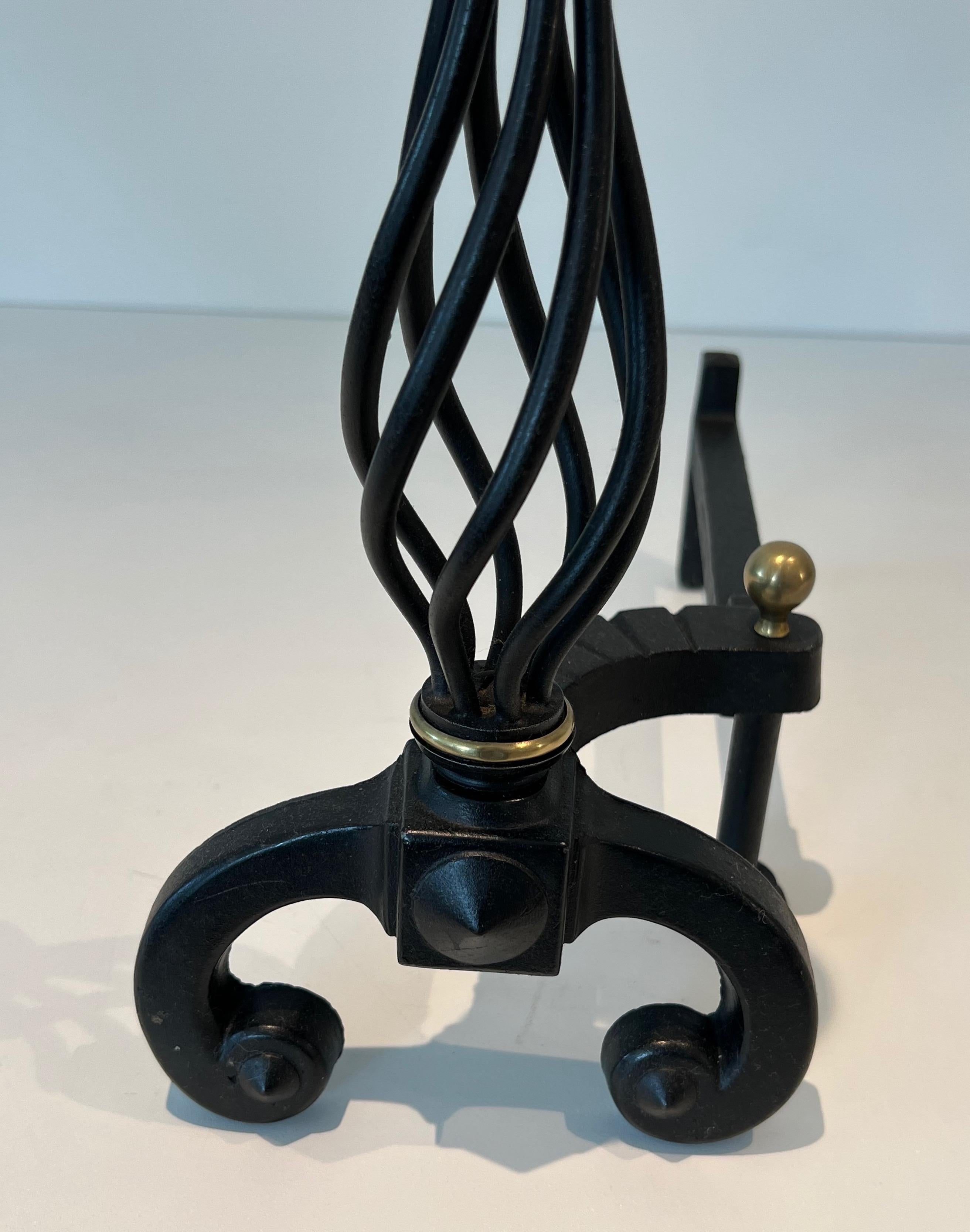 Pair of Wrought Iron and Brass Andirons For Sale 3