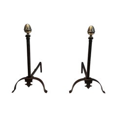 Paire de chenets en fer forgé et laiton