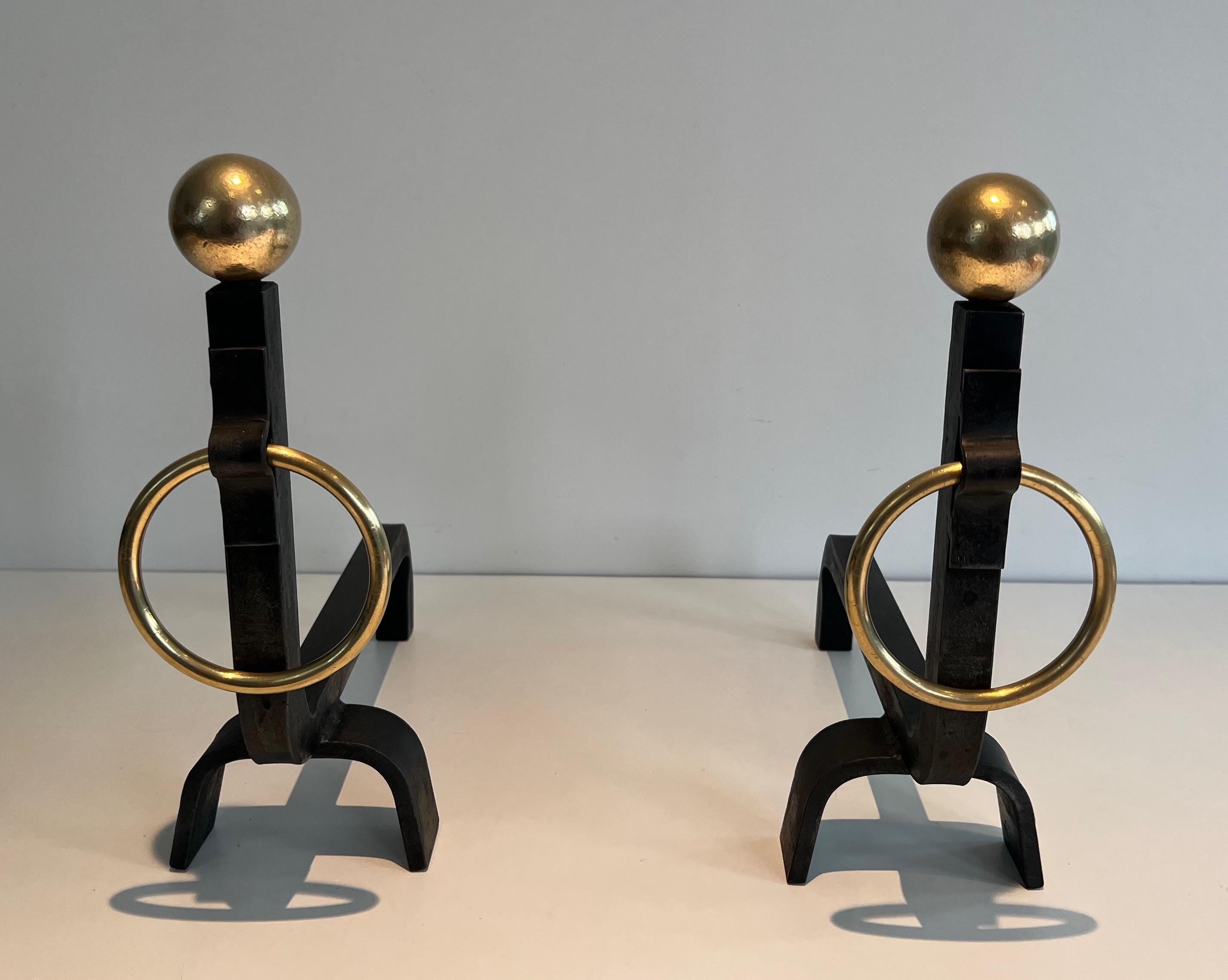 Pair of Wrought Iron and Brass Andirons in the style of Jacques Adnet For Sale 6