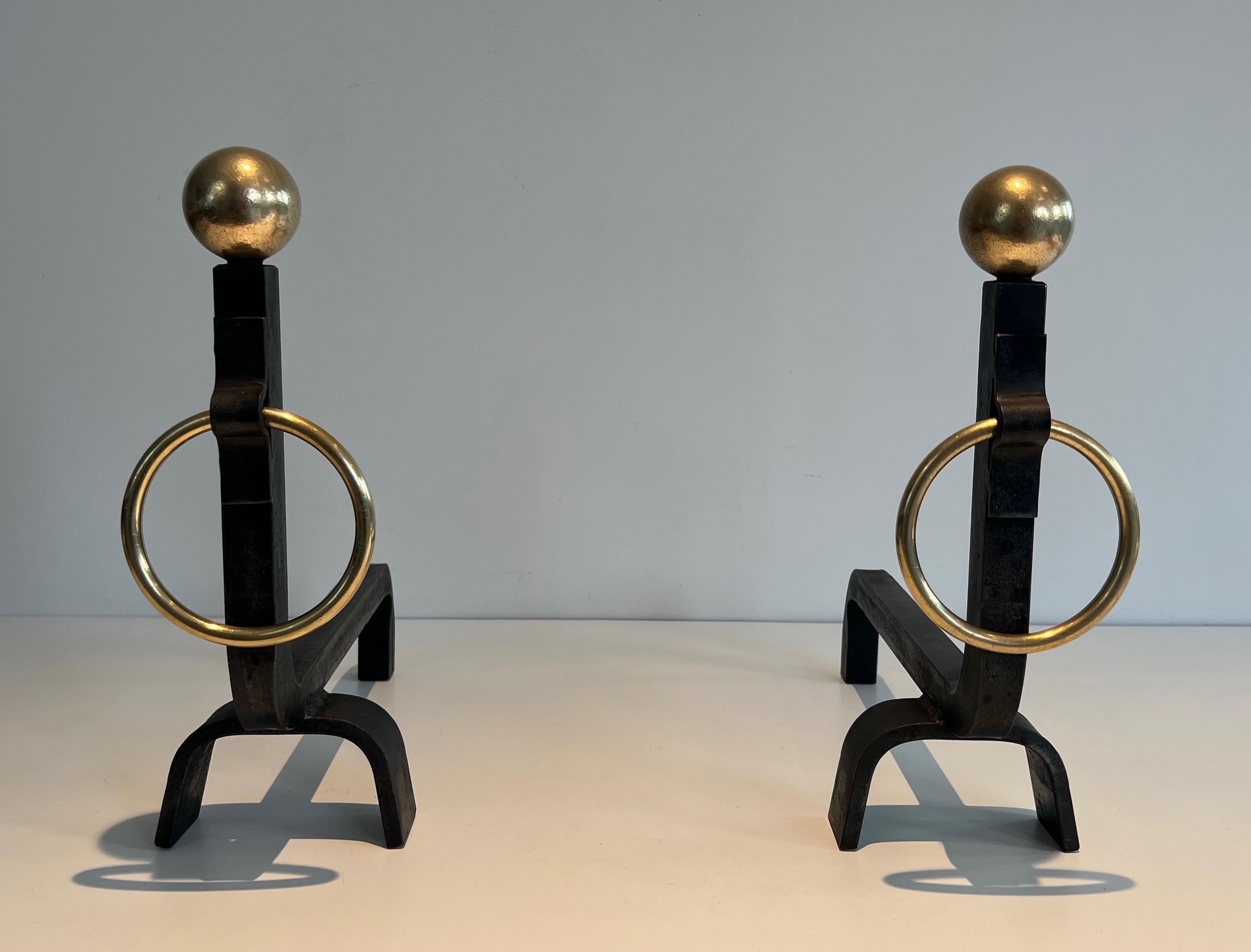 Pair of Wrought Iron and Brass Andirons in the style of Jacques Adnet For Sale 9