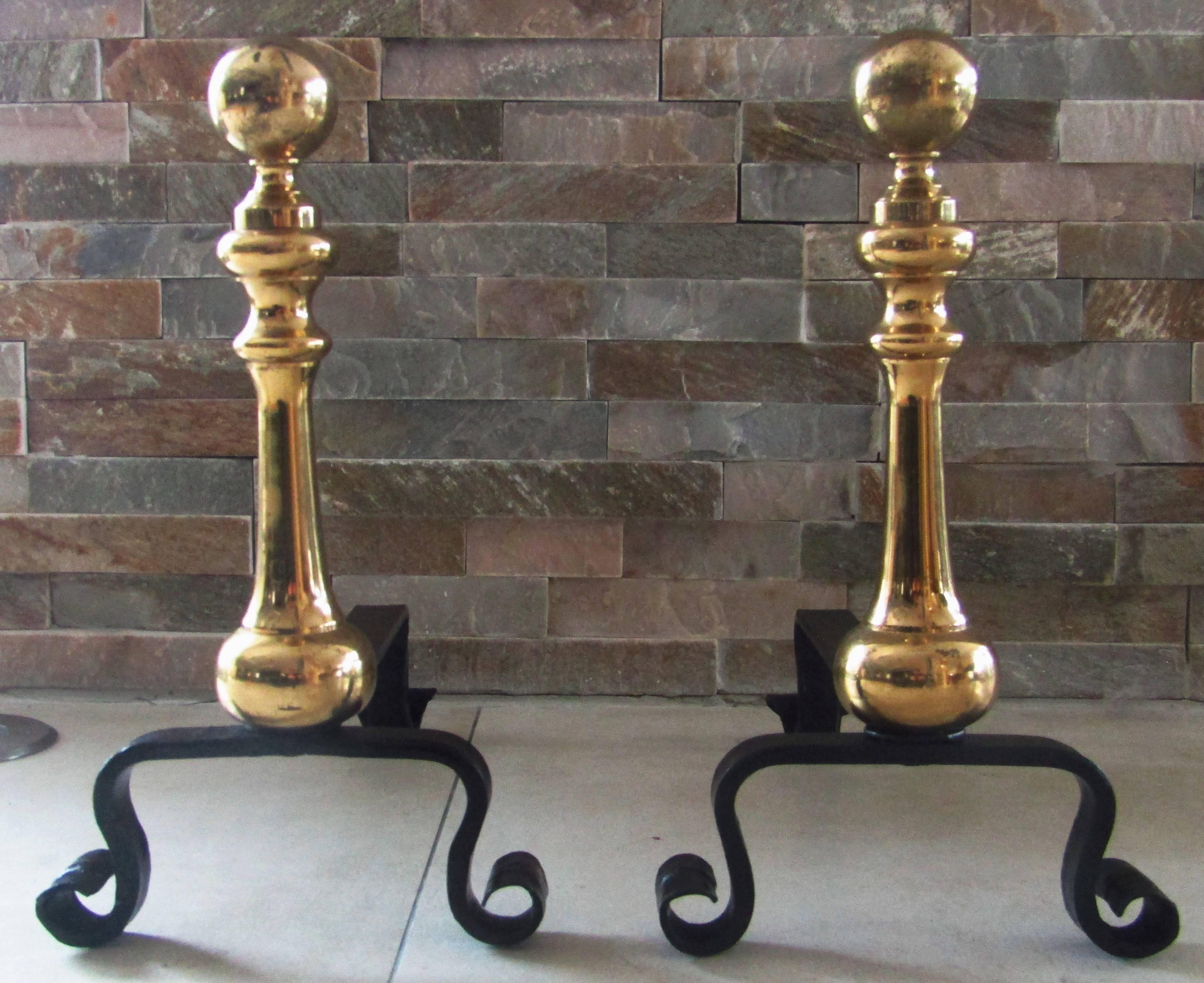 Pair of wrought iron and brass andirons, Art Nouveau, France, 1890.

 